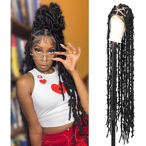 48" Locs Braided Wigs for Women Knotless Locs Braids Wigs with Baby Hair Full Double Lace Front Loc Braid Wigs Black Triangle Knotless Butterfly Locs Braided Wig for Women