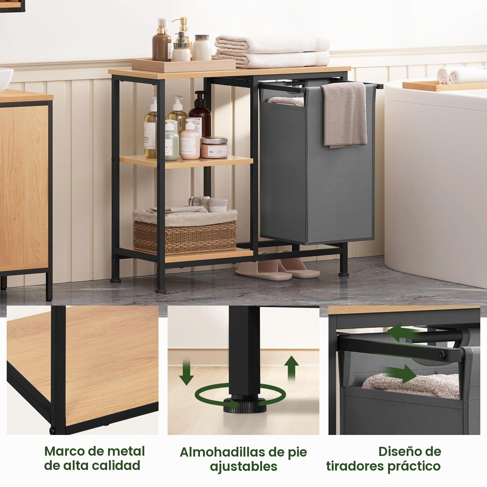 EUGAD Estanteria de Baño con Cesto para Ropa Sucia, Saco Extraíble, Mueble Lavandería de 3 Niveles, Cesta Ropa Sucia de Tela Oxford 31 L, 70x30x65 cm