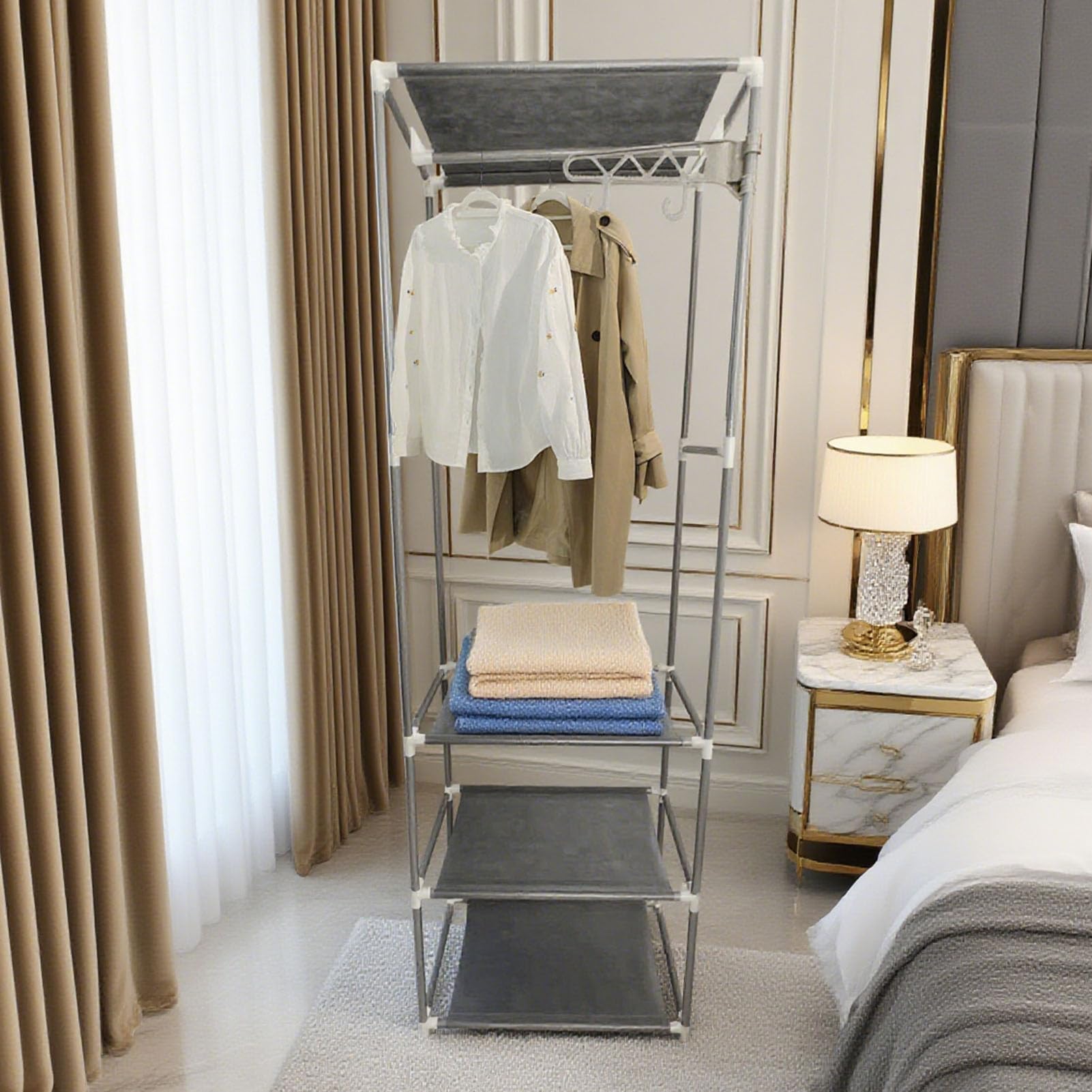 Armadio per Abiti con Scaffali, Capiente Multifunzionale Ripiani e Ganci, Grigio Materiale Acciaio per Affittuari Armadio Camera da Letto