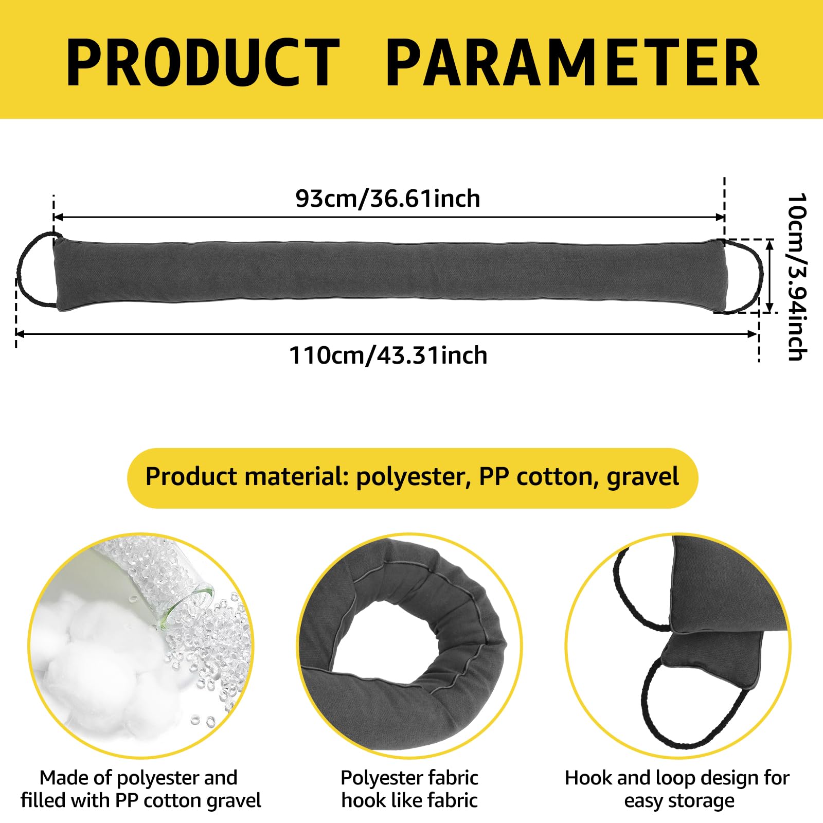 FALESOUL Door Draft Stopper, 36'' Length x 4'' Width Under Door Noise Blocker, Heavy Duty Under Door Bottom Gap Draft Noise Blocker, Adjustable Door Bottom Seal Strip for Bottom of Doors (Grey, L)