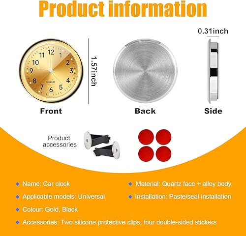Miniatura 8 de Dickno 2 relojes de automóvil para pegar en el salpicadero, mini relojes analógicos de cuarzo luminoso para ventilación de aire, reloj de