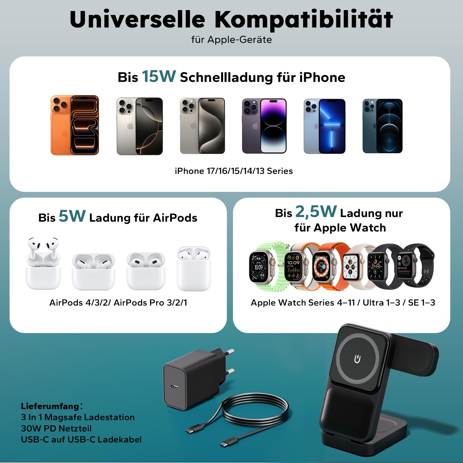 15W Magsafe Ladestation für Apple Watch und iPhone Faltbare mit Schnellladefunktion, 3 IN 1 Magsafe Ladegerät Reise, inkl. 30W Netzteil
