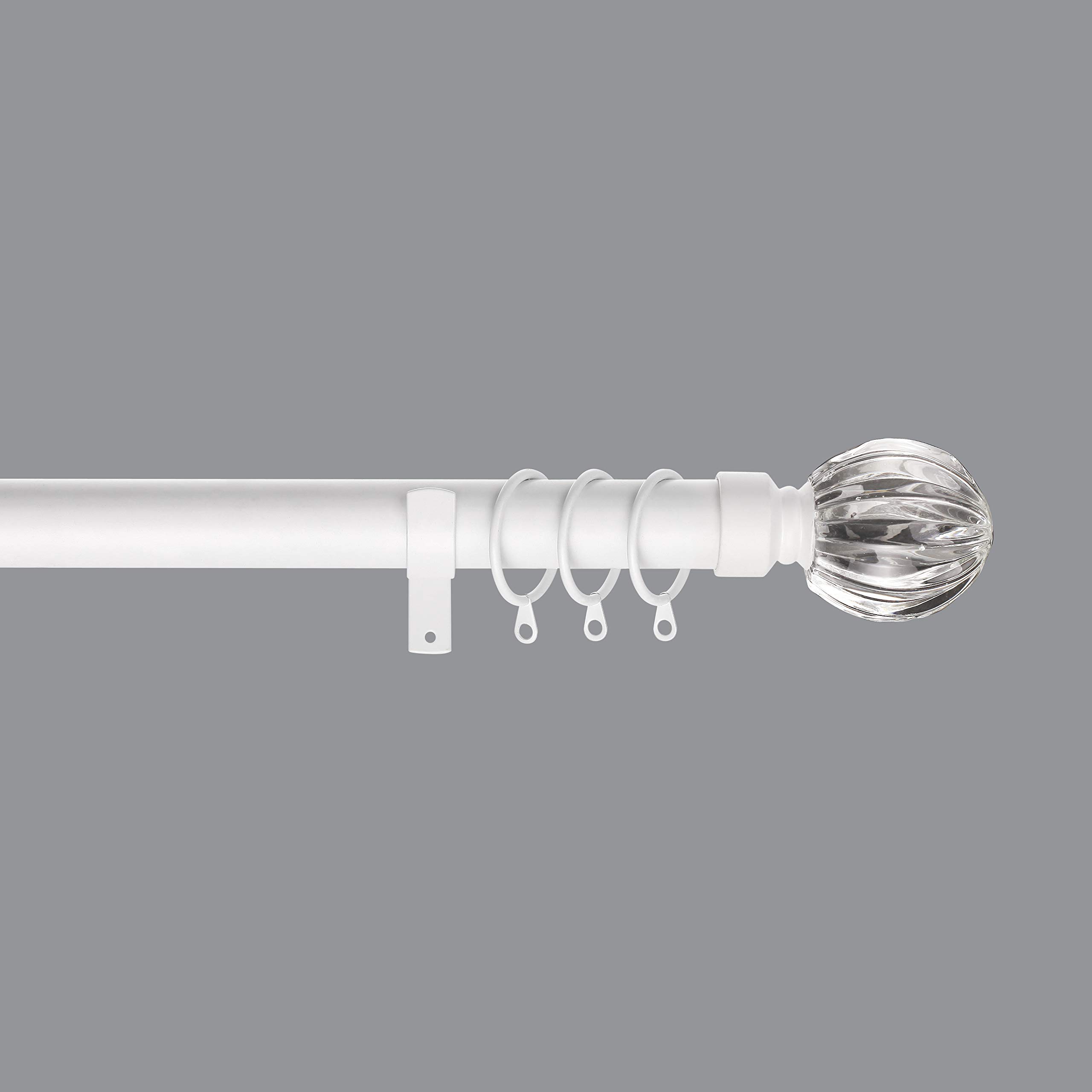 Home Harmony® Fluted Crystal Ball Finial Telescopic Extendable Curtain Pole set In Black Silver White and Matching Holdbacks Available (White, 180-320 cm)