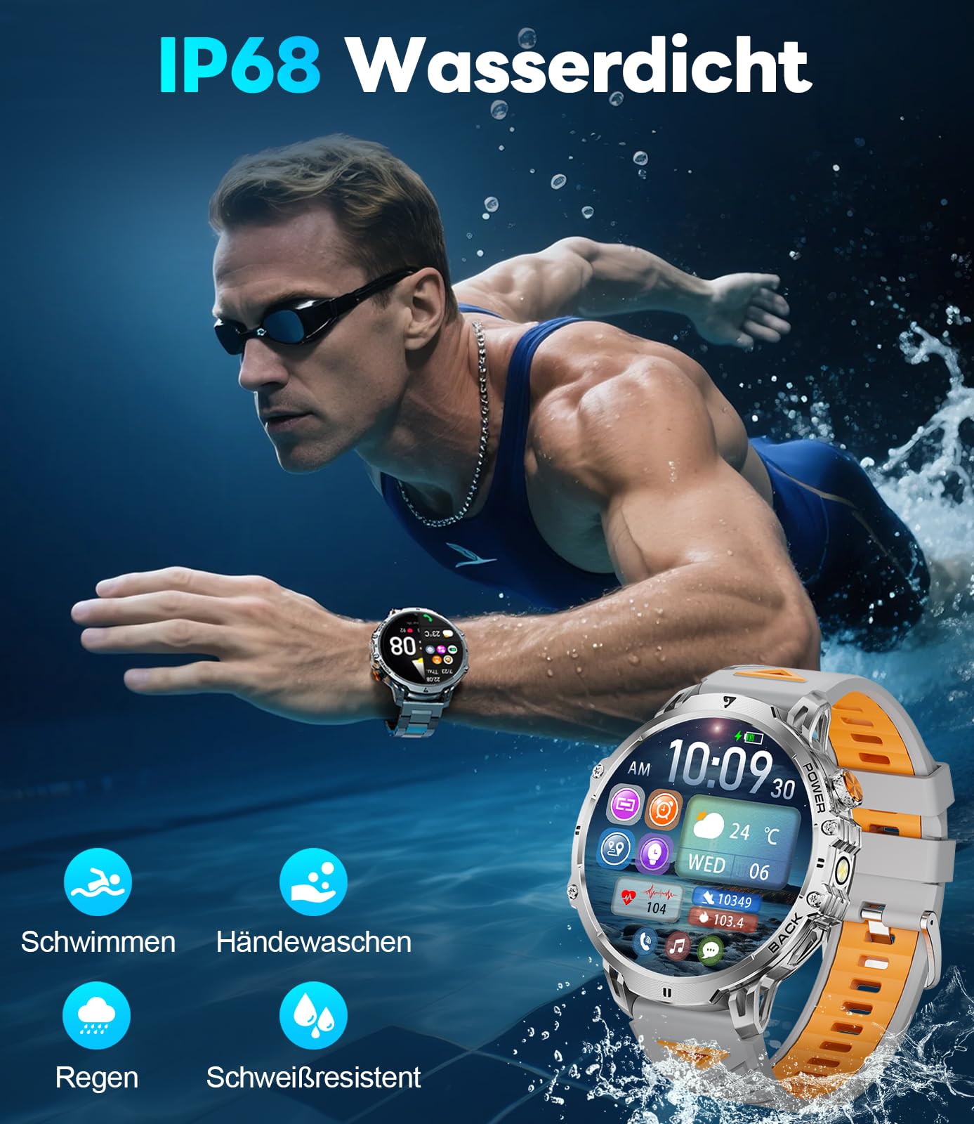 LIGE Montre Connectée Homme avec 1000mAh/1,85'' HD Grand Écran/LED Lampe,Smartwatch Homme avec Moniteur de Fréquence Cardiaque et Sommeil/110+ Modes Sportifs,IP68 Étanche Android iOS,Argenté