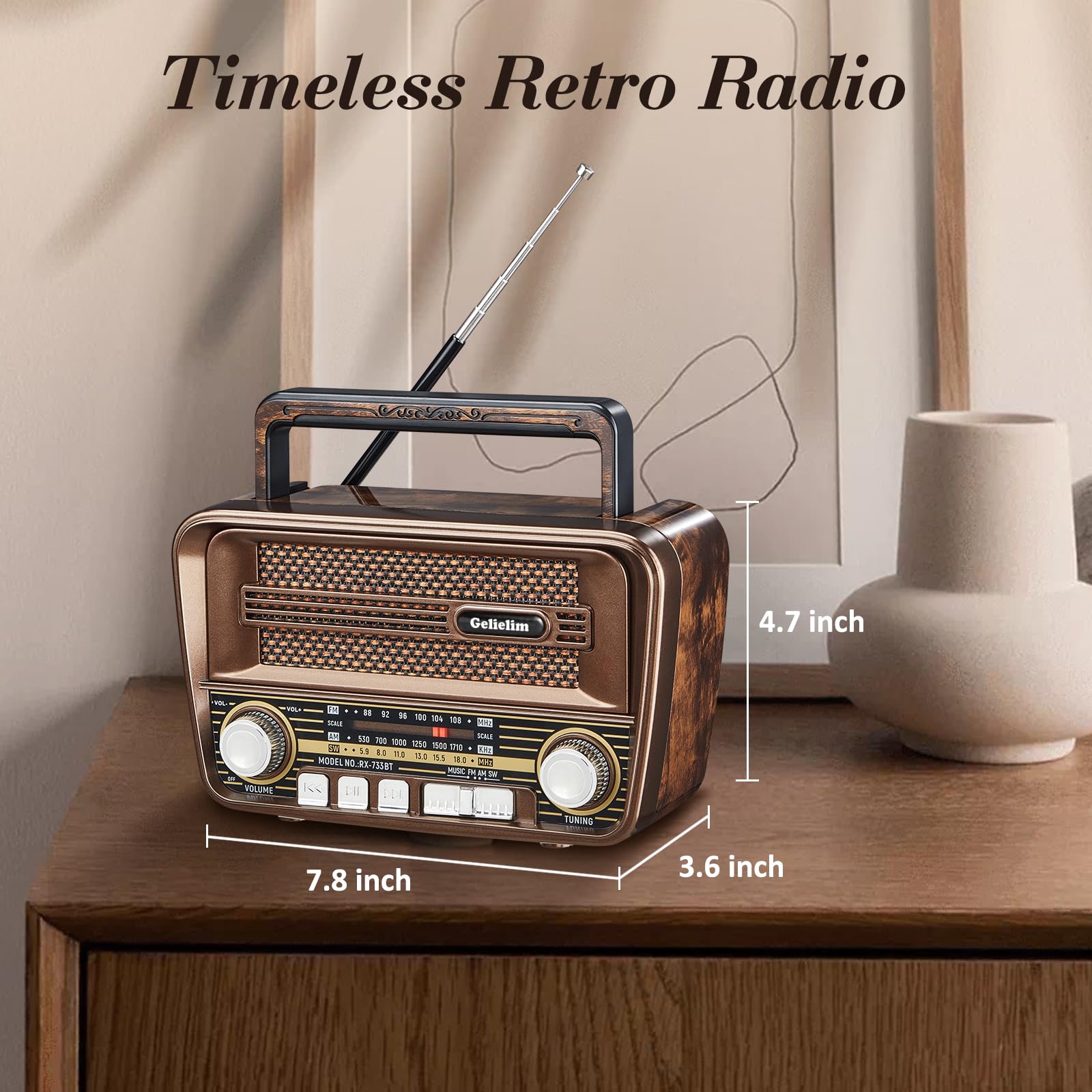 Gelielim Portable Radio AM FM, Vintage Retro Bluetooth 5.3 Speaker, Shortwave Radio Support TF Card/USB, Battery Powered, Gift for Elderly, Retro Vintage Decor for Home,Brown-New