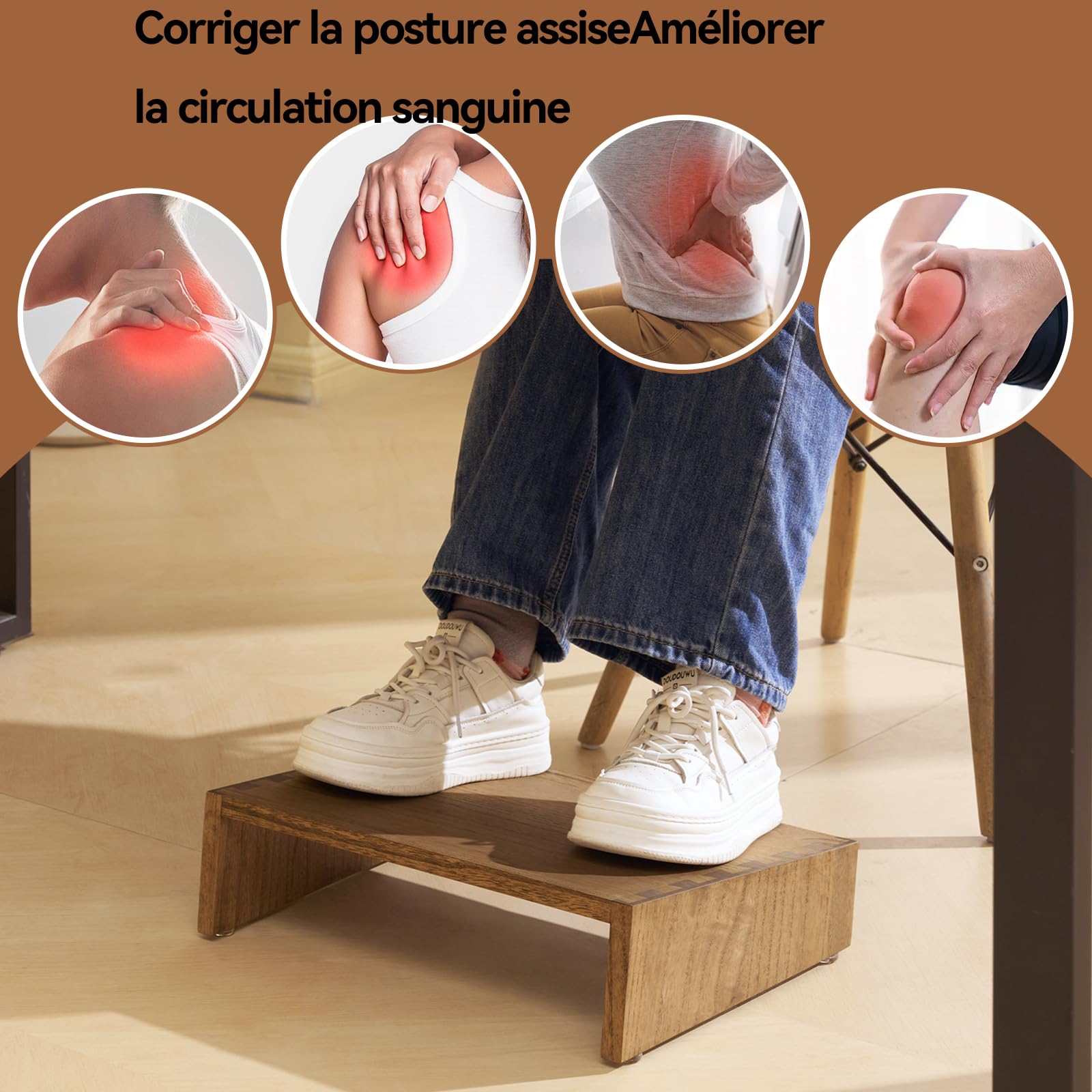 KIRIGEN Repose-pied en bois, repose-pieds de bureau réglable, brun | 40 × 30 cm, base 8/11,5 cm, 4 pieds réglables de 0 à 3 cm, bois massif, livré monté, finition à l’huile végétale