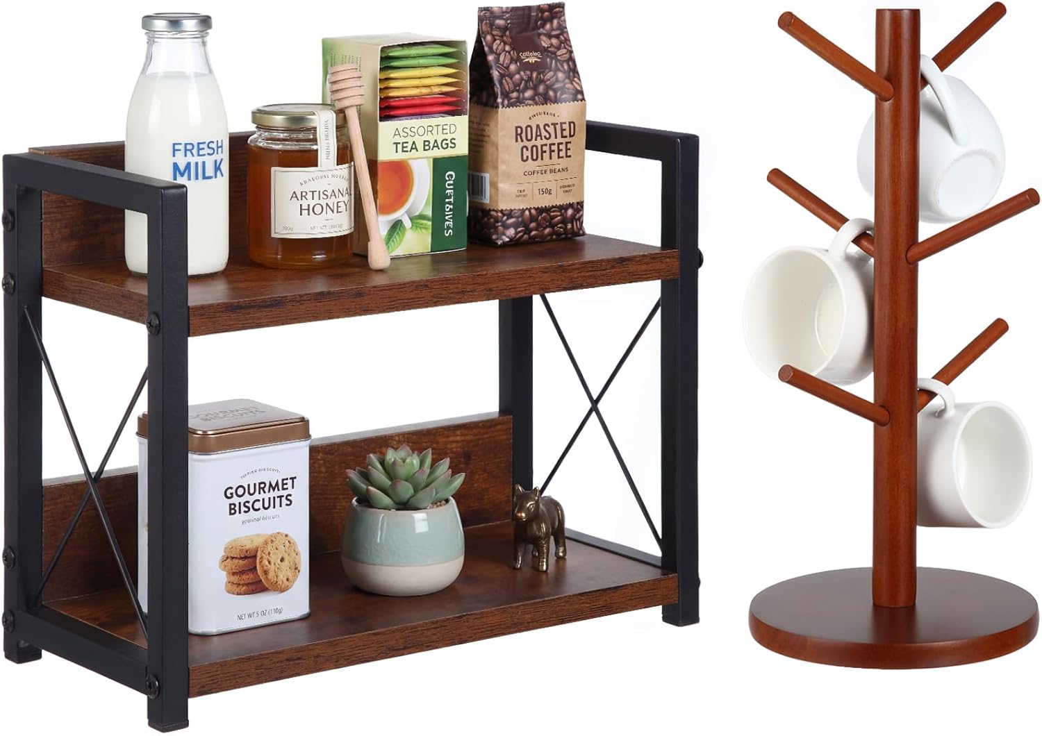 Novabright 2 Pack Coffee Bar Countertop Shelf Organizer with Mug Holder Tree, Cup Holder with 6 Hooks 2 Tier Coffee Organizer Station Bar Accessories Spice Rack for Mugs Cups Cream Syrup