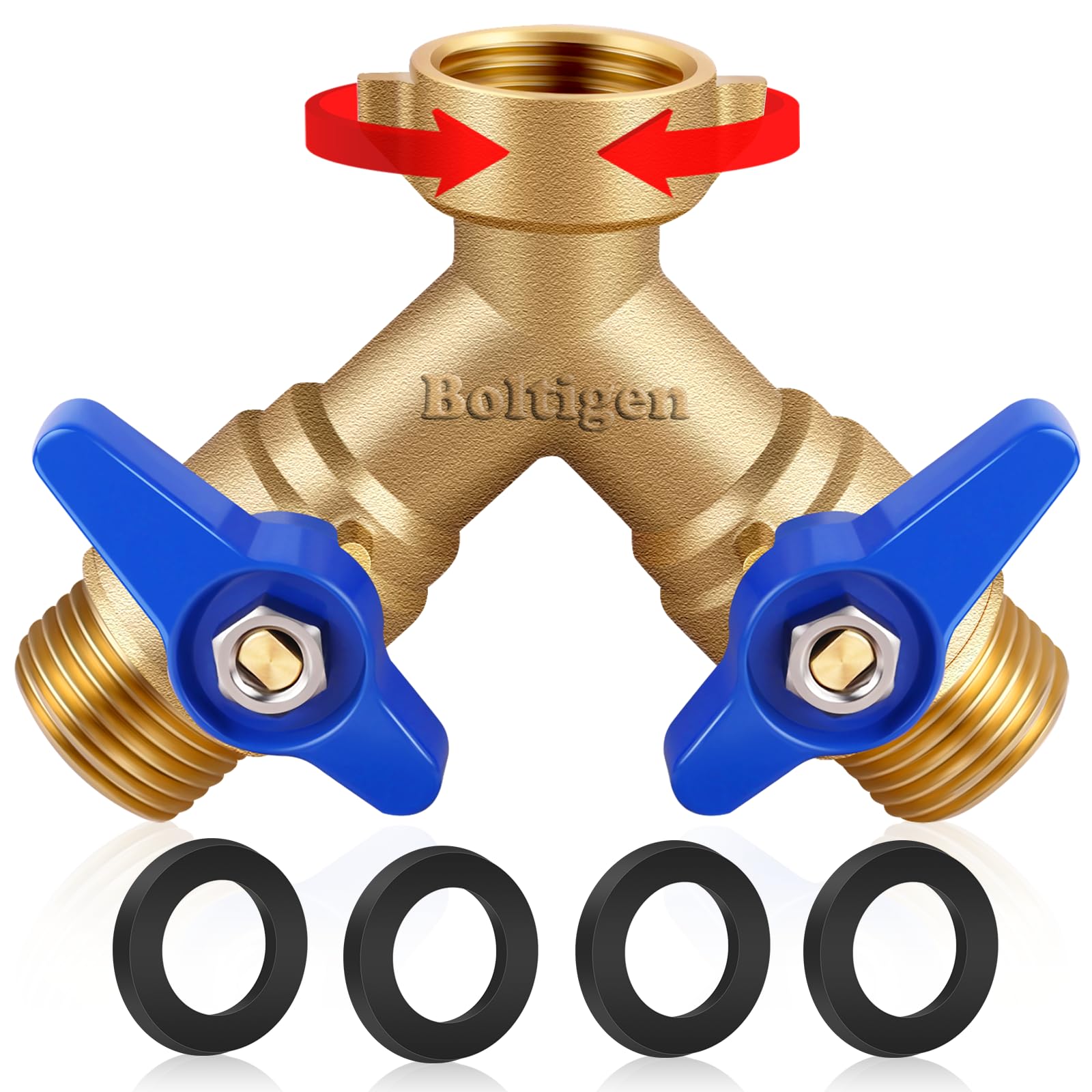 Boltigen Gartenschlauch-Verteiler, voller Durchflussanschluss, 2-Wege, robustes Messing, Y-Typ-Schlauchverbinder, 3/4 Zoll GHt-Gewinde, Wasserschlauch-Absperrventil-Adapter, Armatur, für