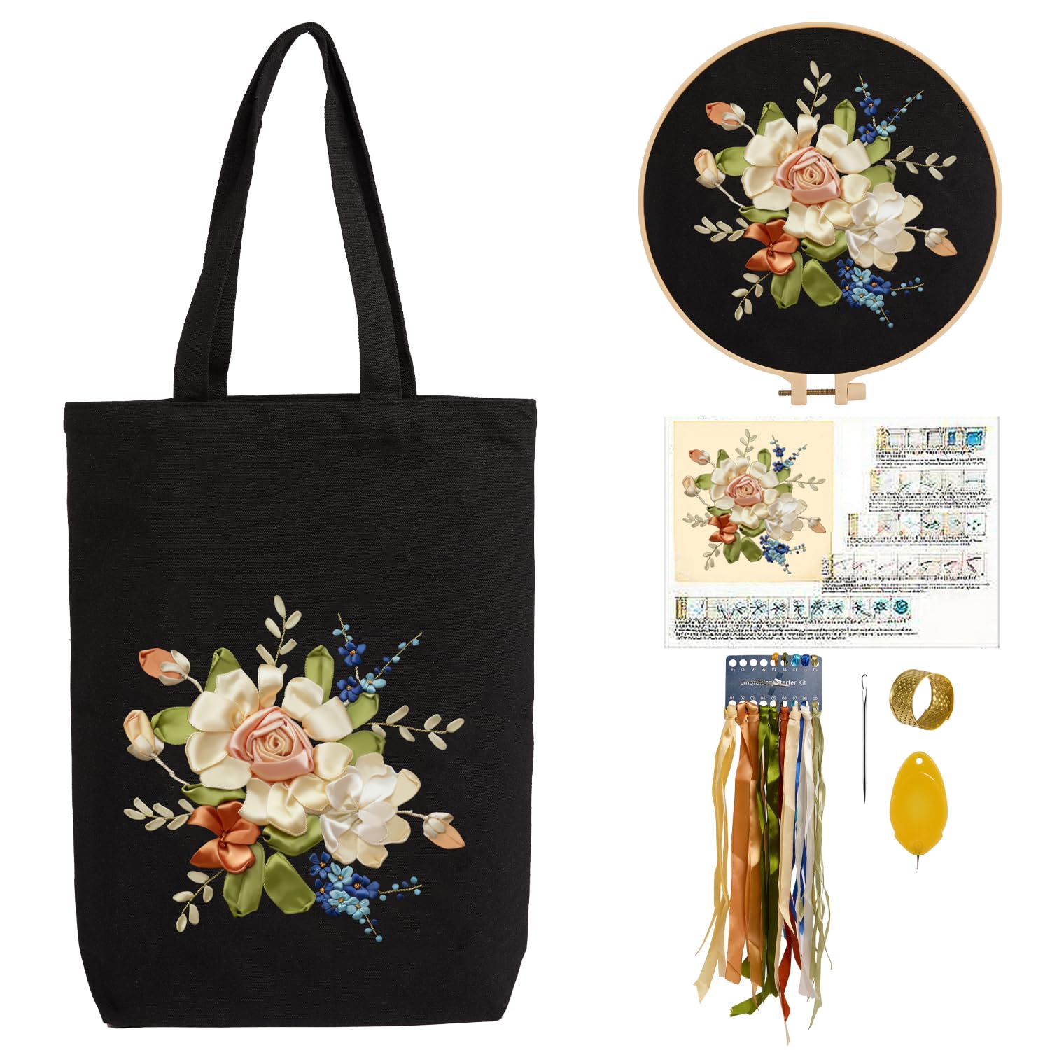 CREAWONDER Hand Embroidery Kits for Bag, Embroidery Kit Bag with Pattern for Beginners, Arts and DIY Embroidery Crafts Kits for Adults, Include Instructions, Embroidery Hoops, Color Threads and Tool — image 1