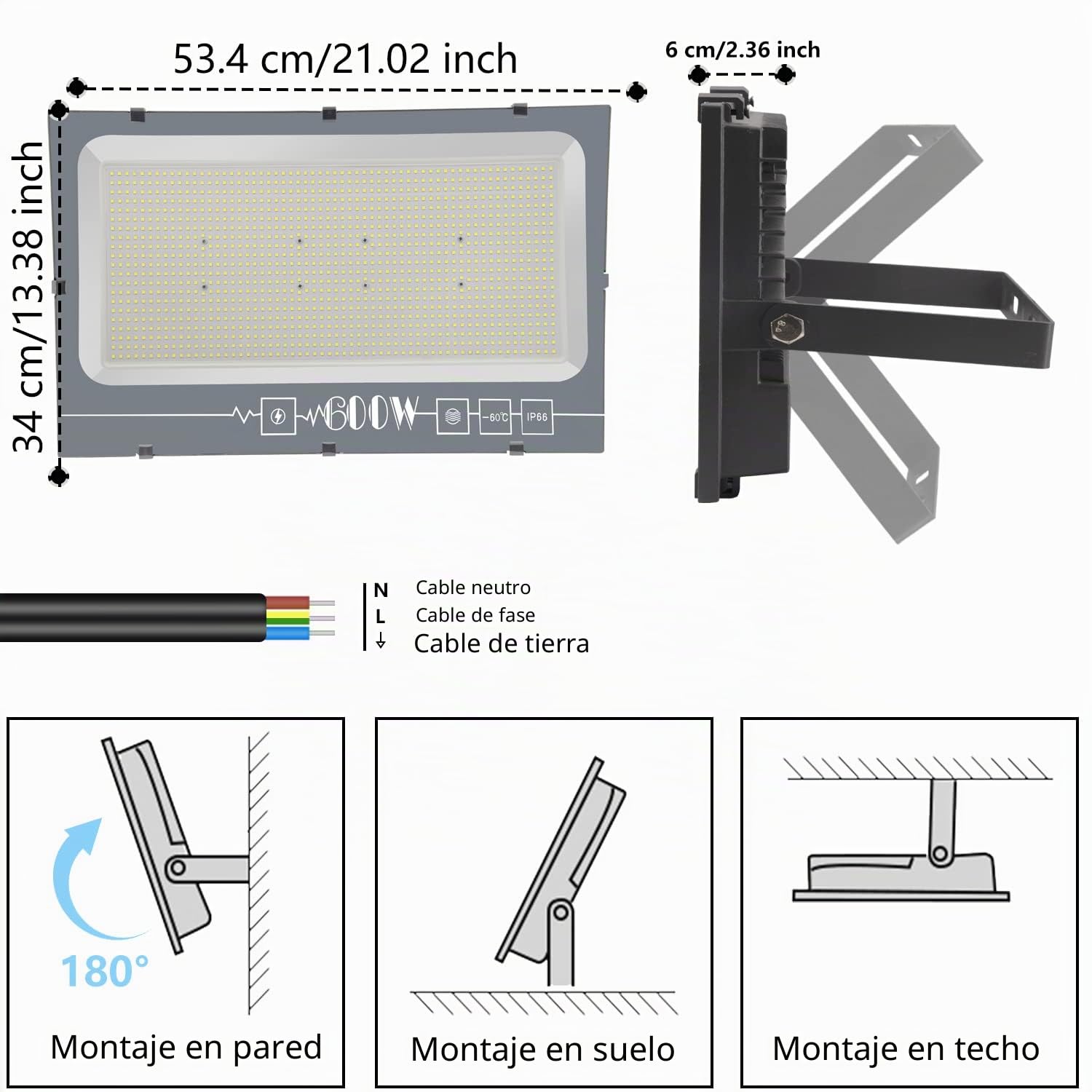 600W Focos LED Exterior 6000K Blanco Frío 1 Pcs | 60000LM IP66 Impermeable, Foco Exterior Seguridad con Alta Luminosidad para Jardín, Patio, Garaje, Terraza