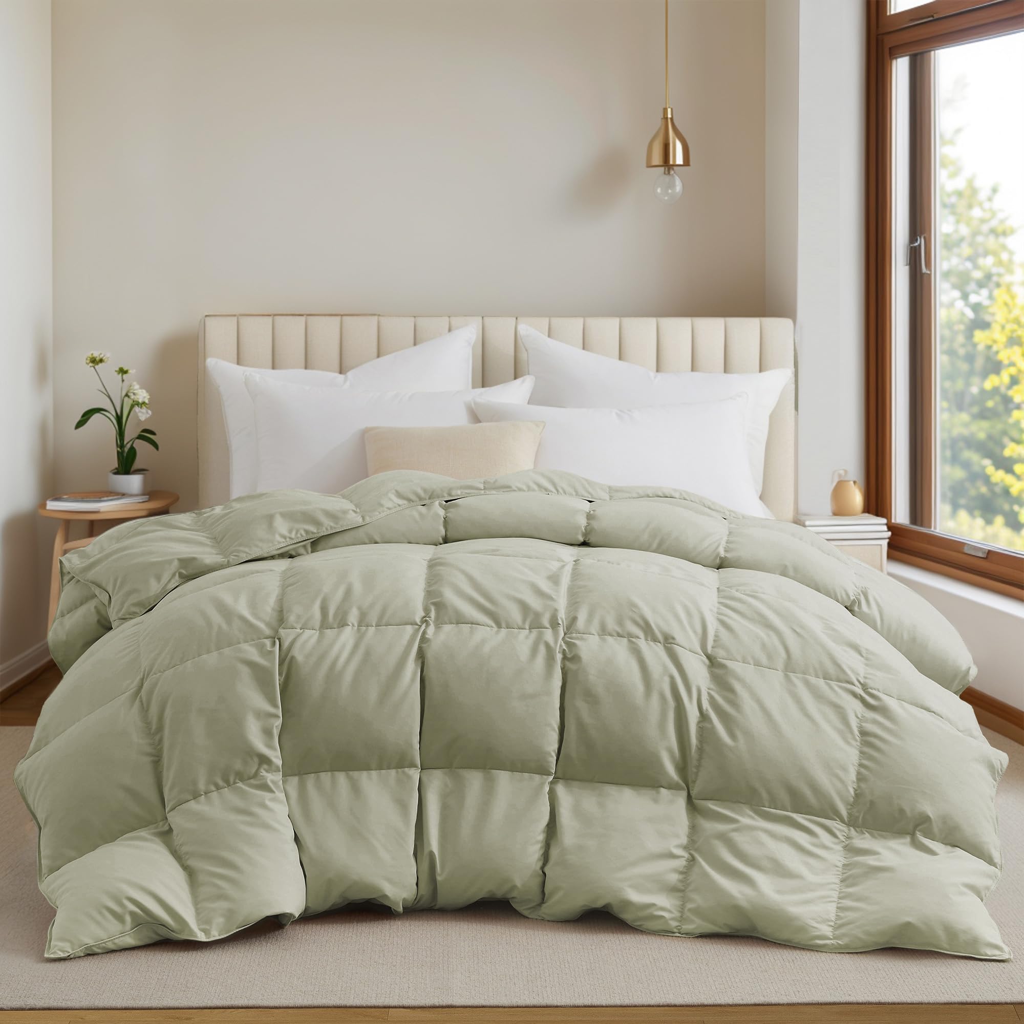 Photo 1 of UNIKOME King Size Goose Feather Down Fiber Comforter, All Season Duvet Insert with Soft Downproof Cover, Cloud-Like Fluffy Hotel Collection Bed Comforter with Corner Tabs (Sage Green, 88" X 104")