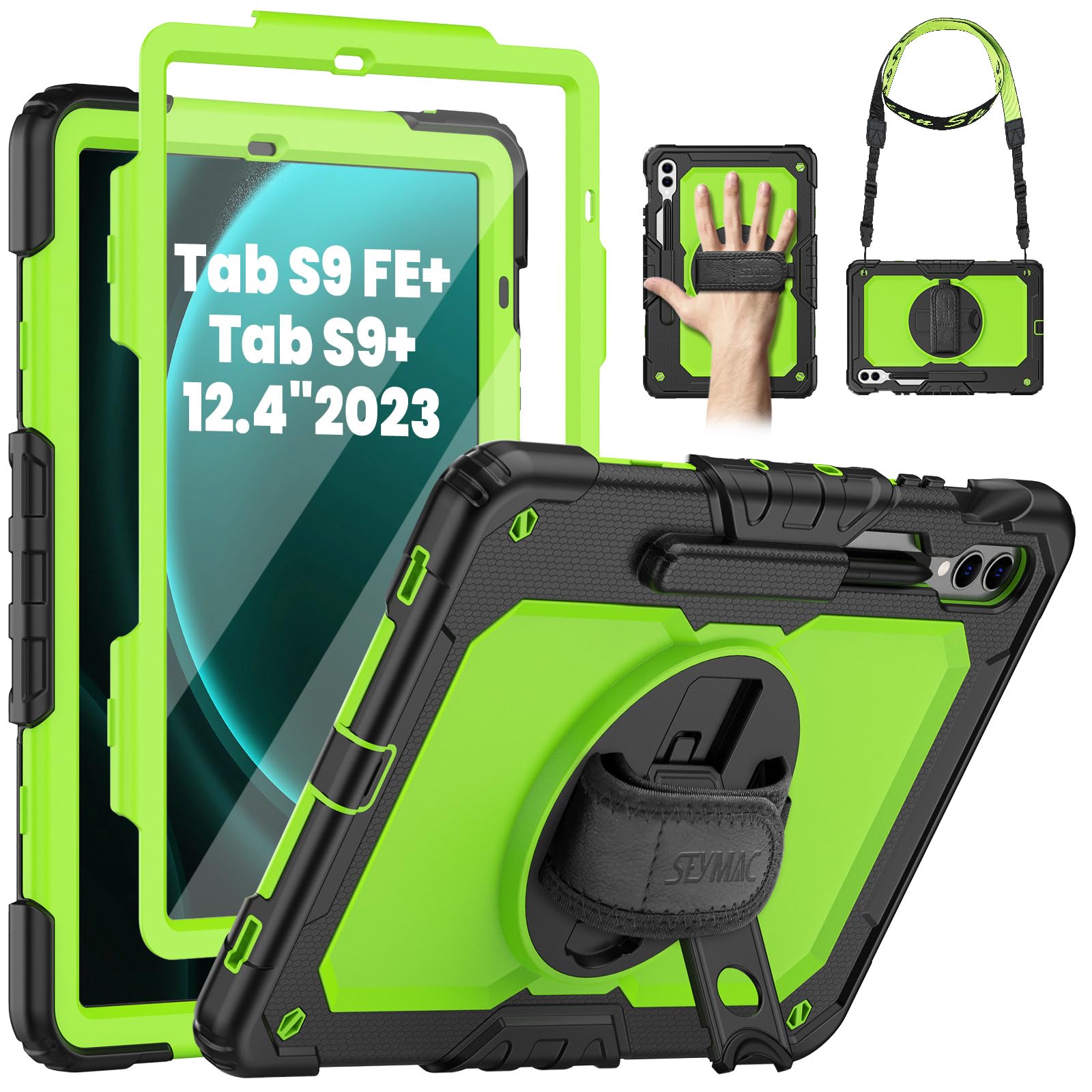 SEYMAC Case for Samsung Galaxy Tab S9 FE+ Plus 5G/ Tab S9+ Plus Case 12.4" 2023 Release, Heavy Duty Shockproof Protective Case with Screen Protector, Stand, Hand/Shoulder Strap and Pen Holder, Green