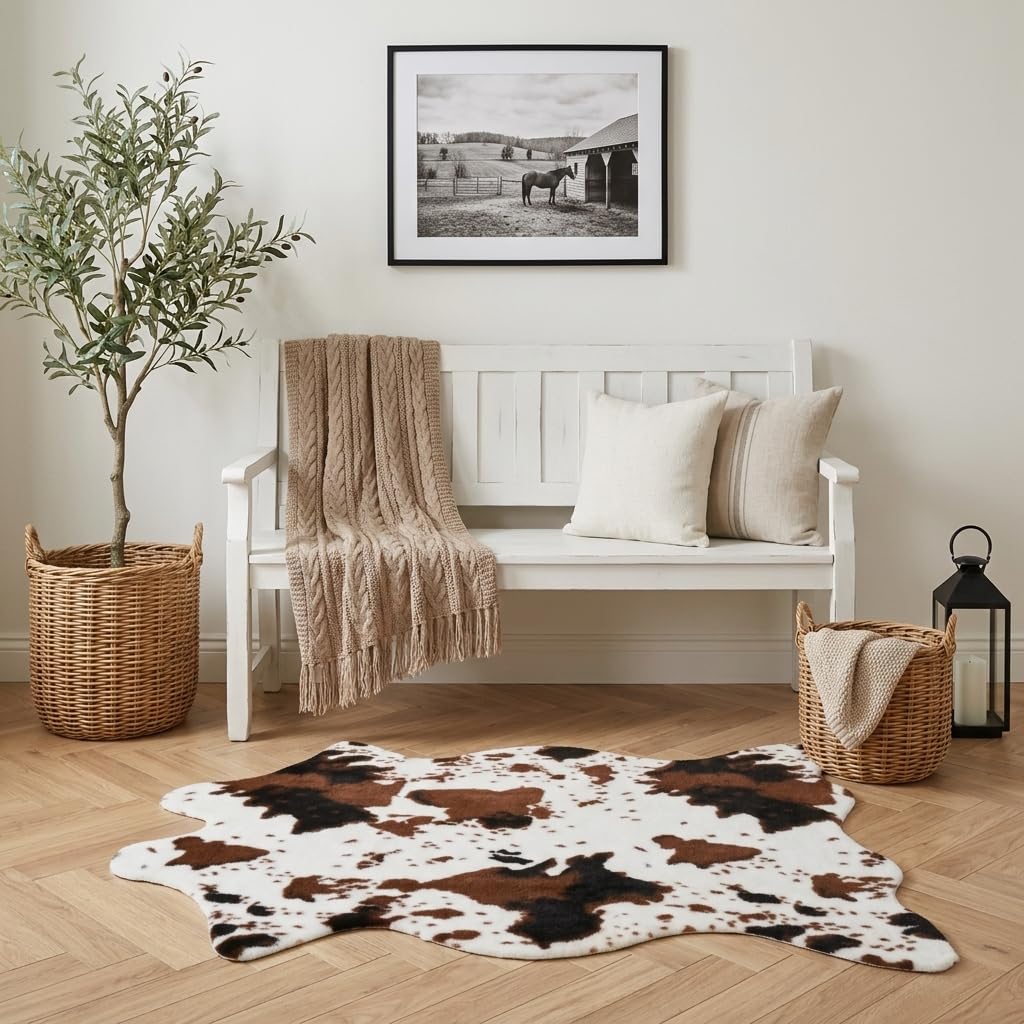 LOVEXTONG Cow Print Rug, Faux Fur Cowhide Area Rug for Living Room, Bedroom,Nursery Decor, Western Farmhouse Style, Non-Slip, 2'6"x3'7" (75x110cm)