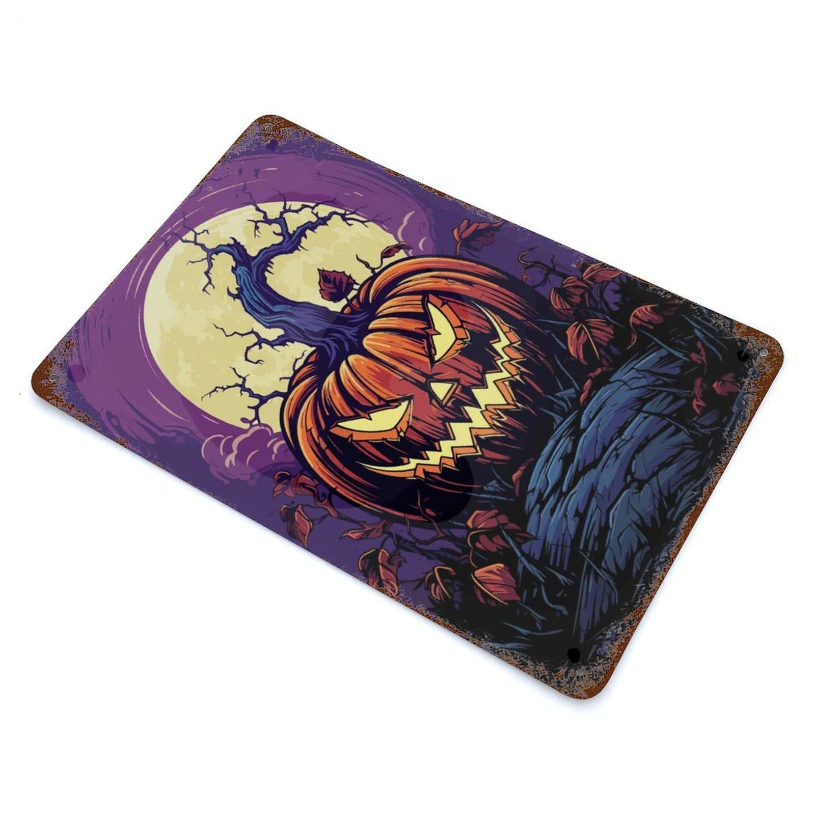 Pumpkin Moon Halloween Weathered Tin Sign 11.8"x7.9", Rustic Home Decor for Garage, Bar And Workshop Decor