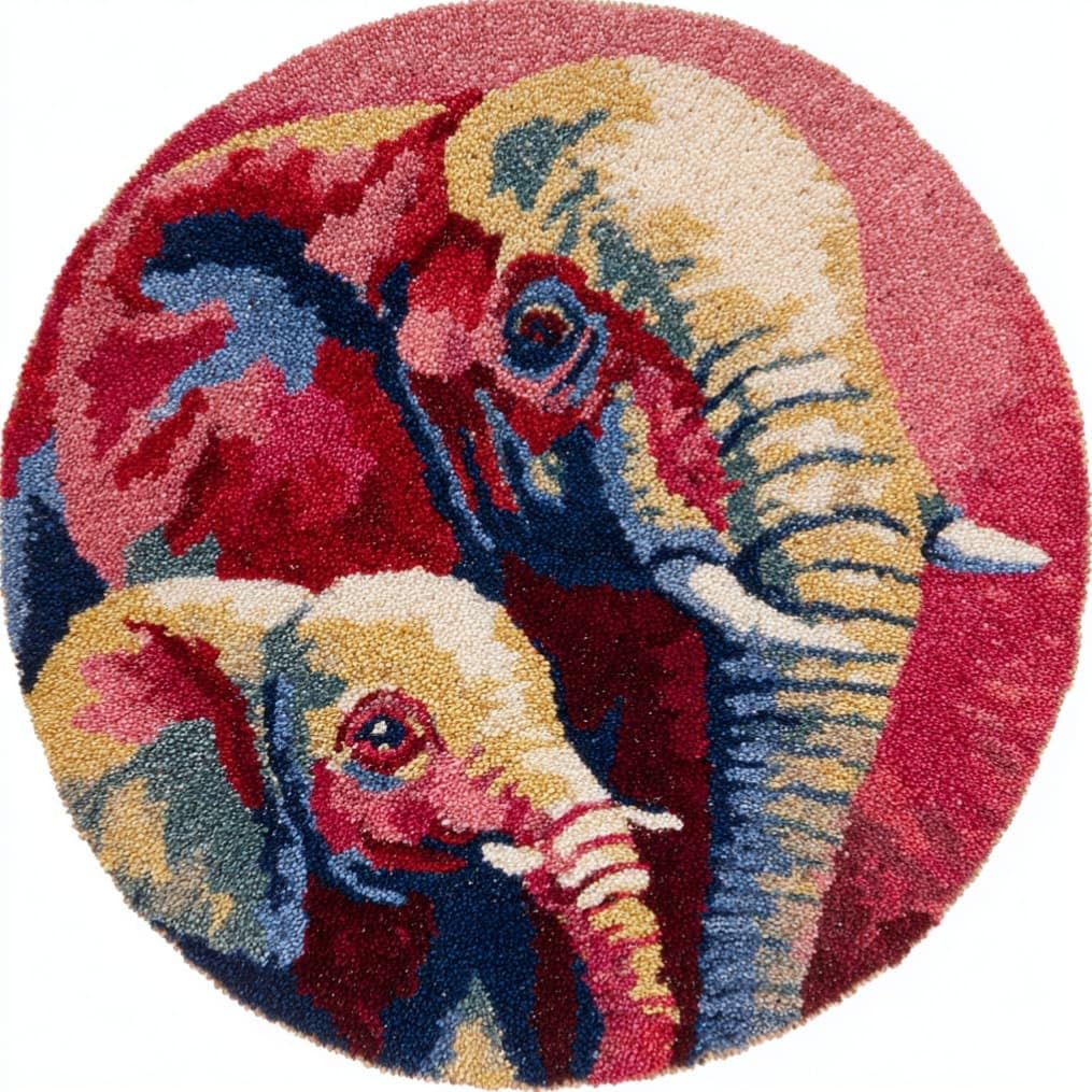 kitphoenix Round DIY Latch Hook Rug Kits Elephant 20X20Inch (50X50Cm) Easy for Beginners Round Carpet Crochet Yarn Craft Large Rug Hook and Latch Tapestry for Home Decor
