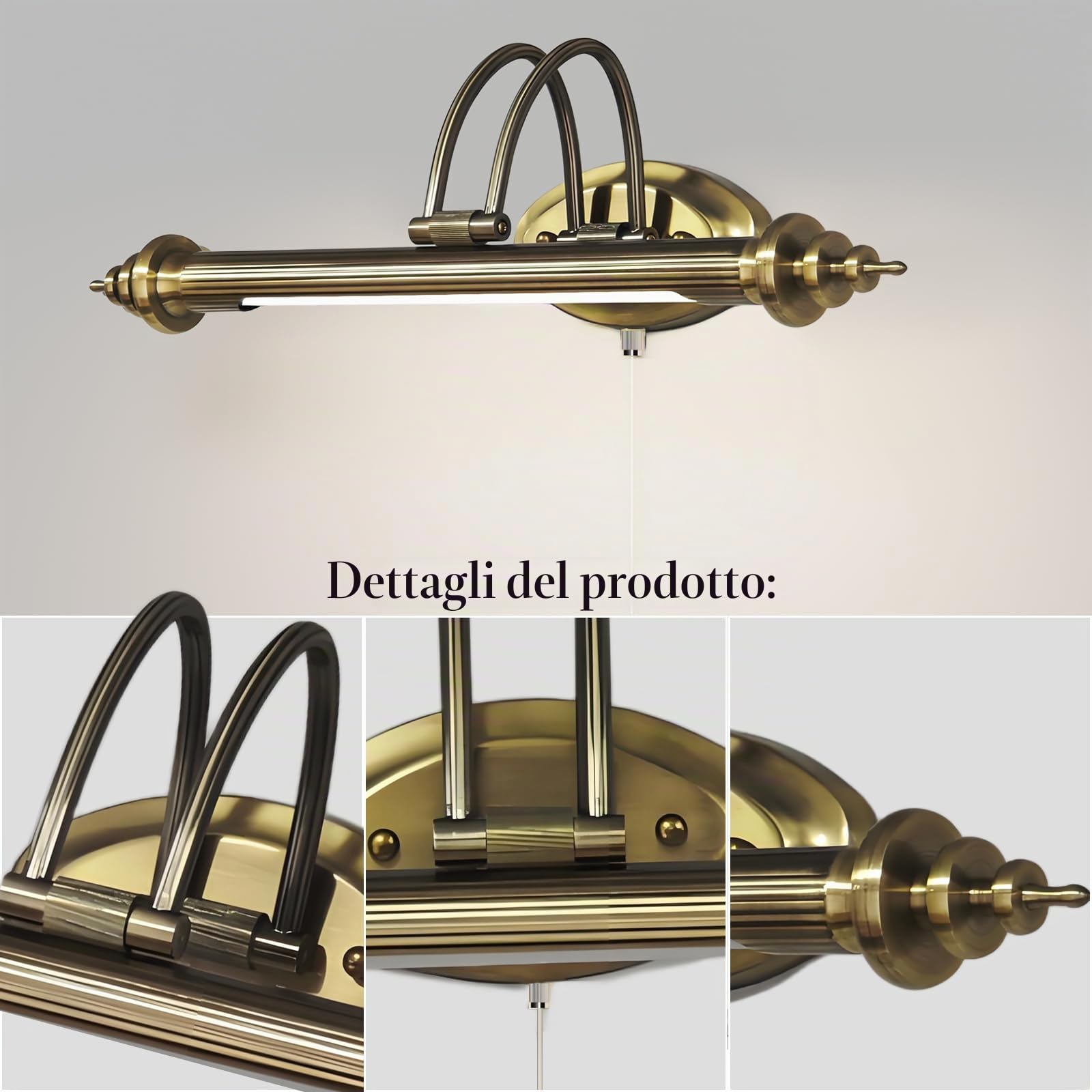 ACMHNC Lampada da Specchio Bagno Vintage con Interruttore a Tirante, 52cm Applique LED Parete Bagno Retrò, 7W 4000K Luce Specchio, IP44 Impermeabile, Orientabile 240°, Luce per Trucco e Quadri
