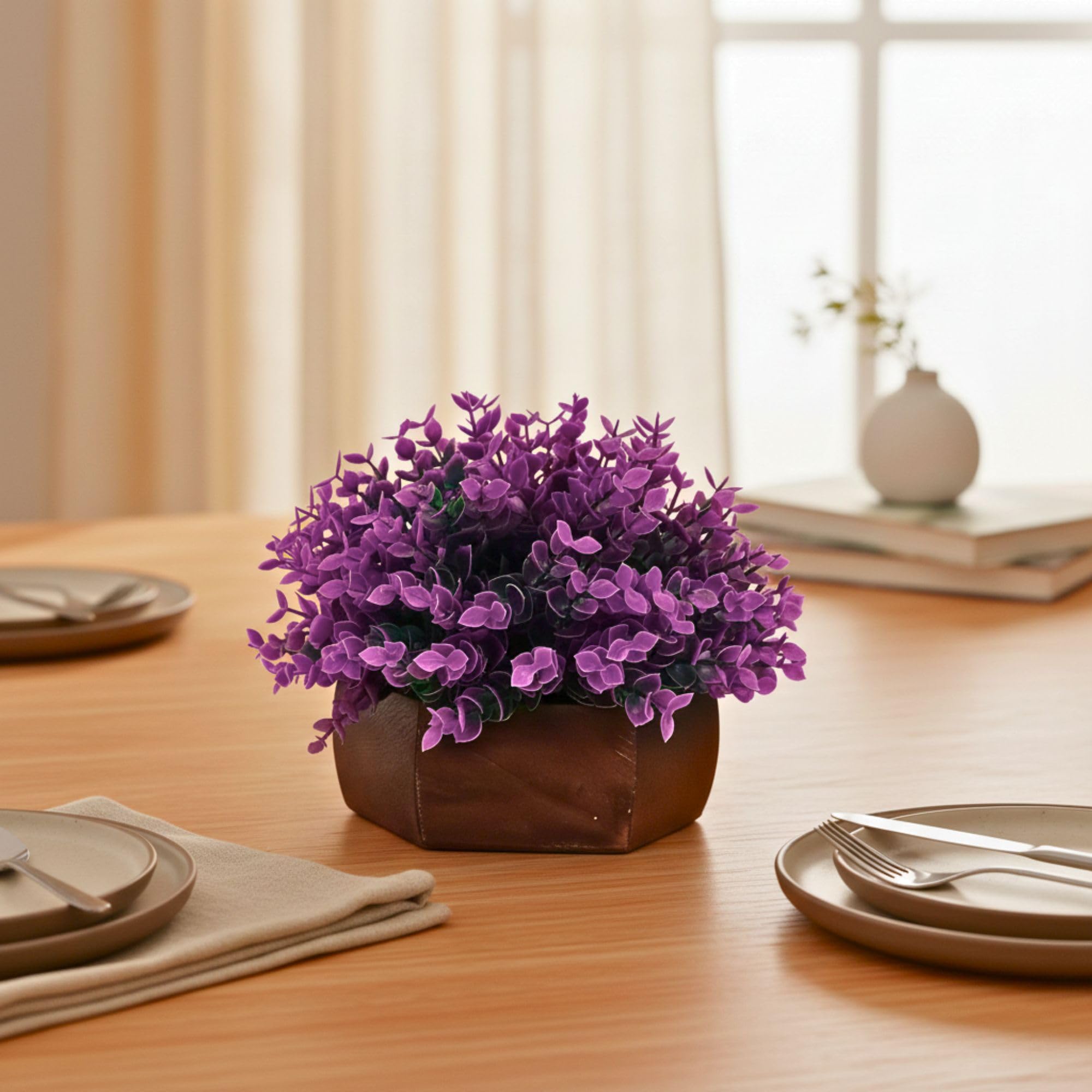 fancymart Artificial Hackleberry Purple Plant in Wooden Hexagon Pot, 15 cm Height – Stylish Tabletop Decoration for Living Room, Office Desk, Shelf Display, Elegant Mini Potted Accent (Pack of 1) 1