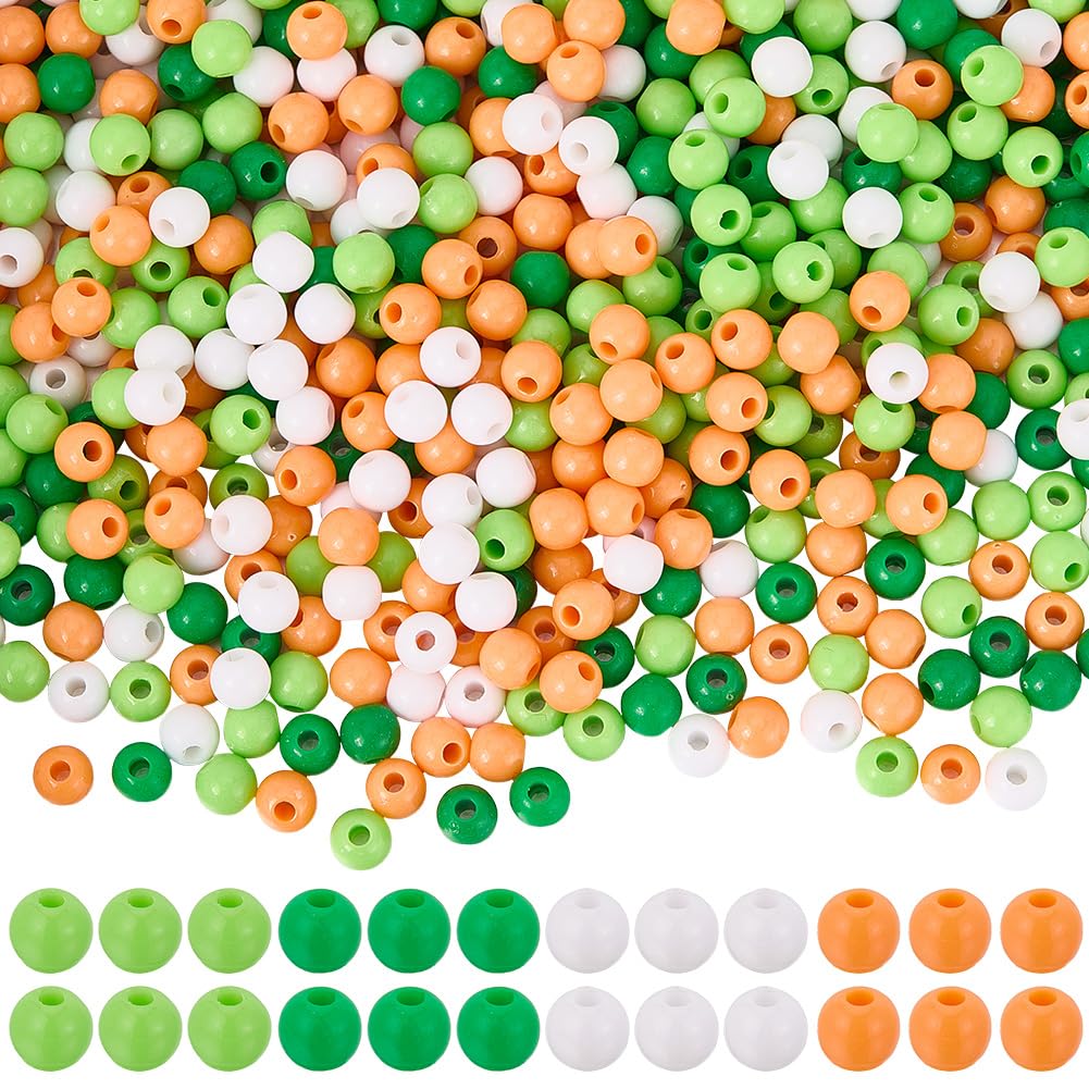 SUNNYCLUE 1200Pcs 4 Styles St. Patrick Day Focal Beads Green Acrylic Beads 6mm Bulk Small Round Ball Coral Red White Prade Plastic Beads for Necklaces Making Beaded Keychains Bracelets Supplies Women