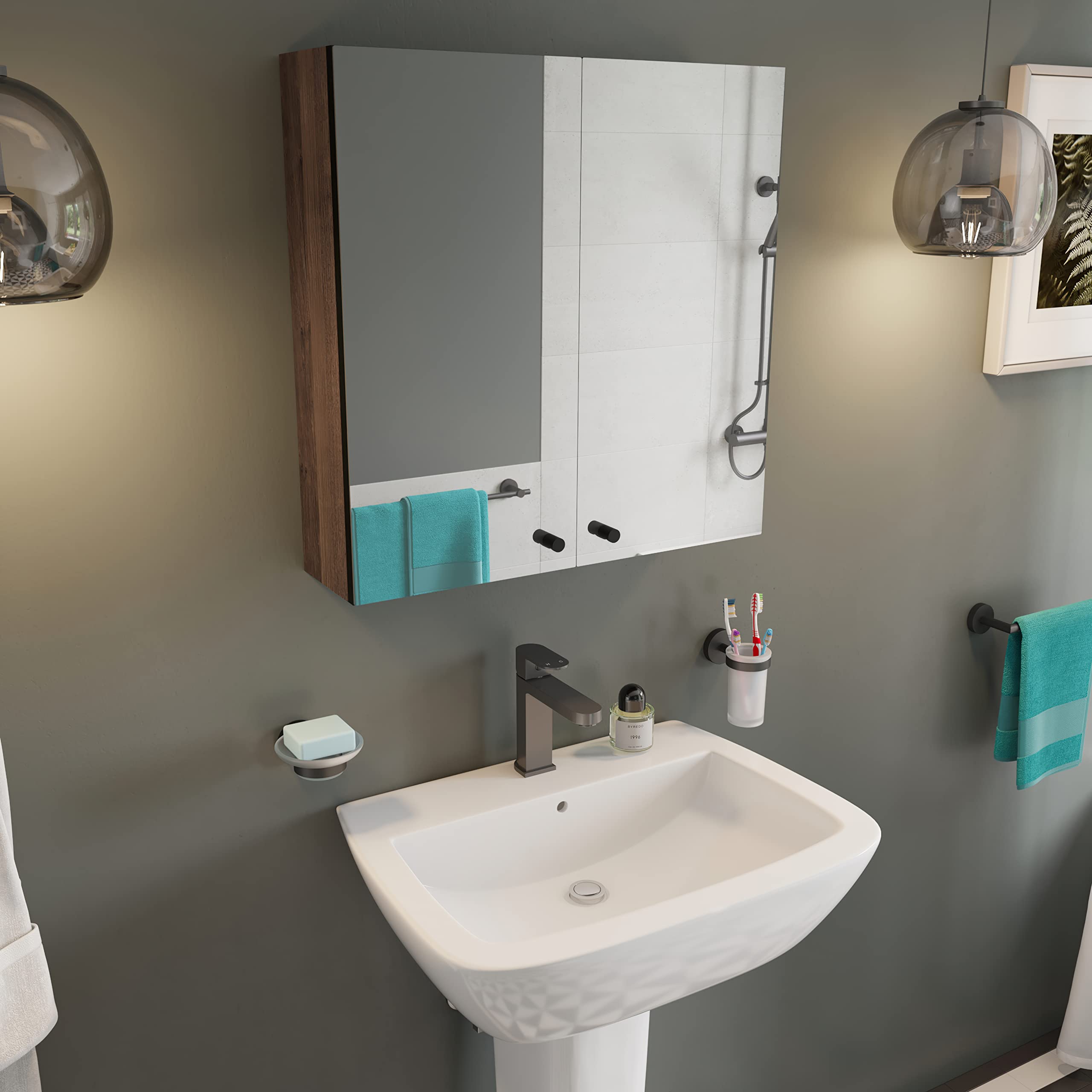 Croydex Armario de Doble Puerta con Espejo Flexi Fix de fácil instalación, Fabricado en Madera, Efecto Teca, 60 cm x 60 cm