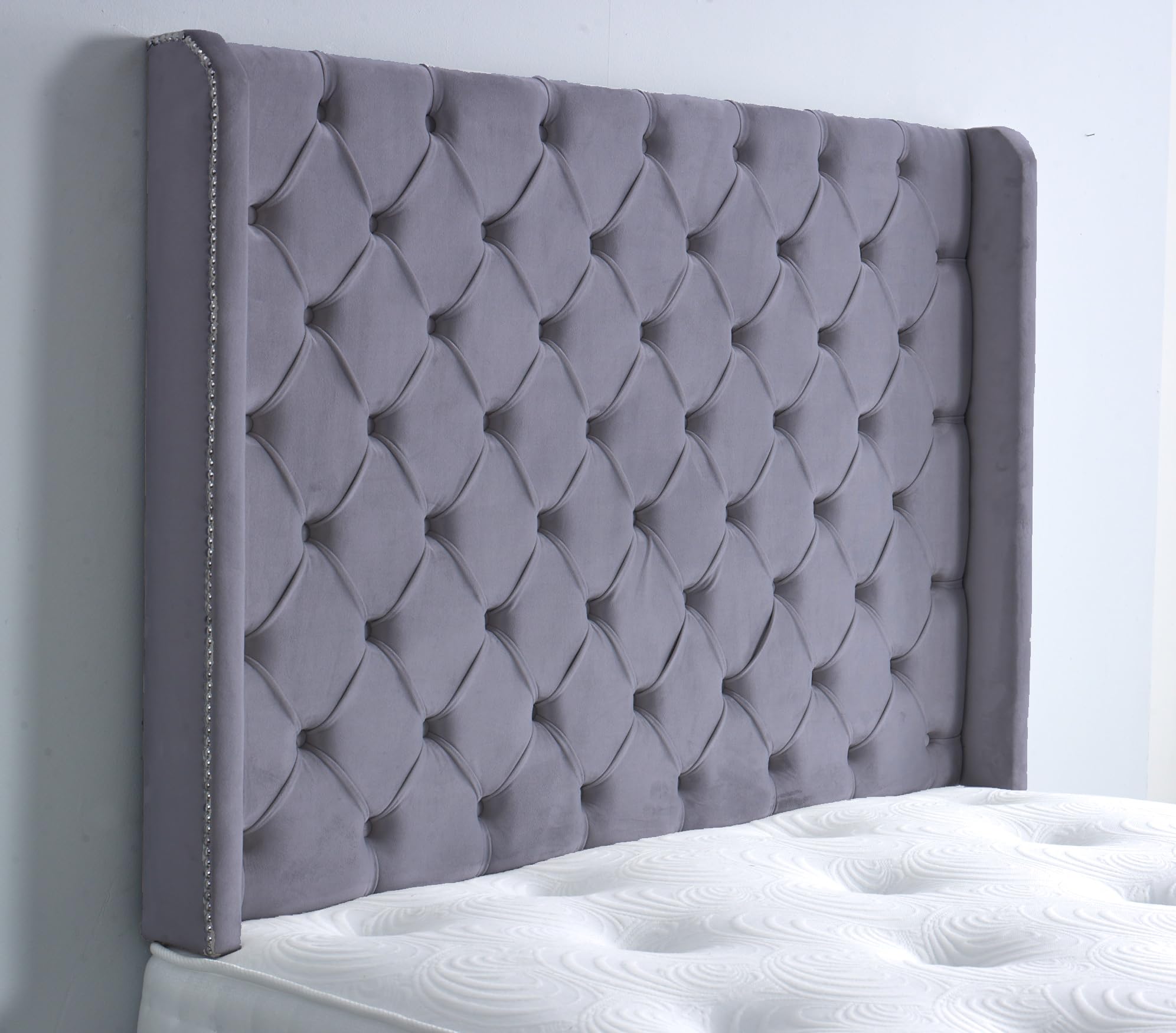 Elixir Furniture Chesterfield Winged Divan Bed Headboard for 4ft6 Double Bed – 36" Tall | Elegant Design | Grey Plush Velvet Upholstery (Grey, 4ft6 Double Height-36inch)