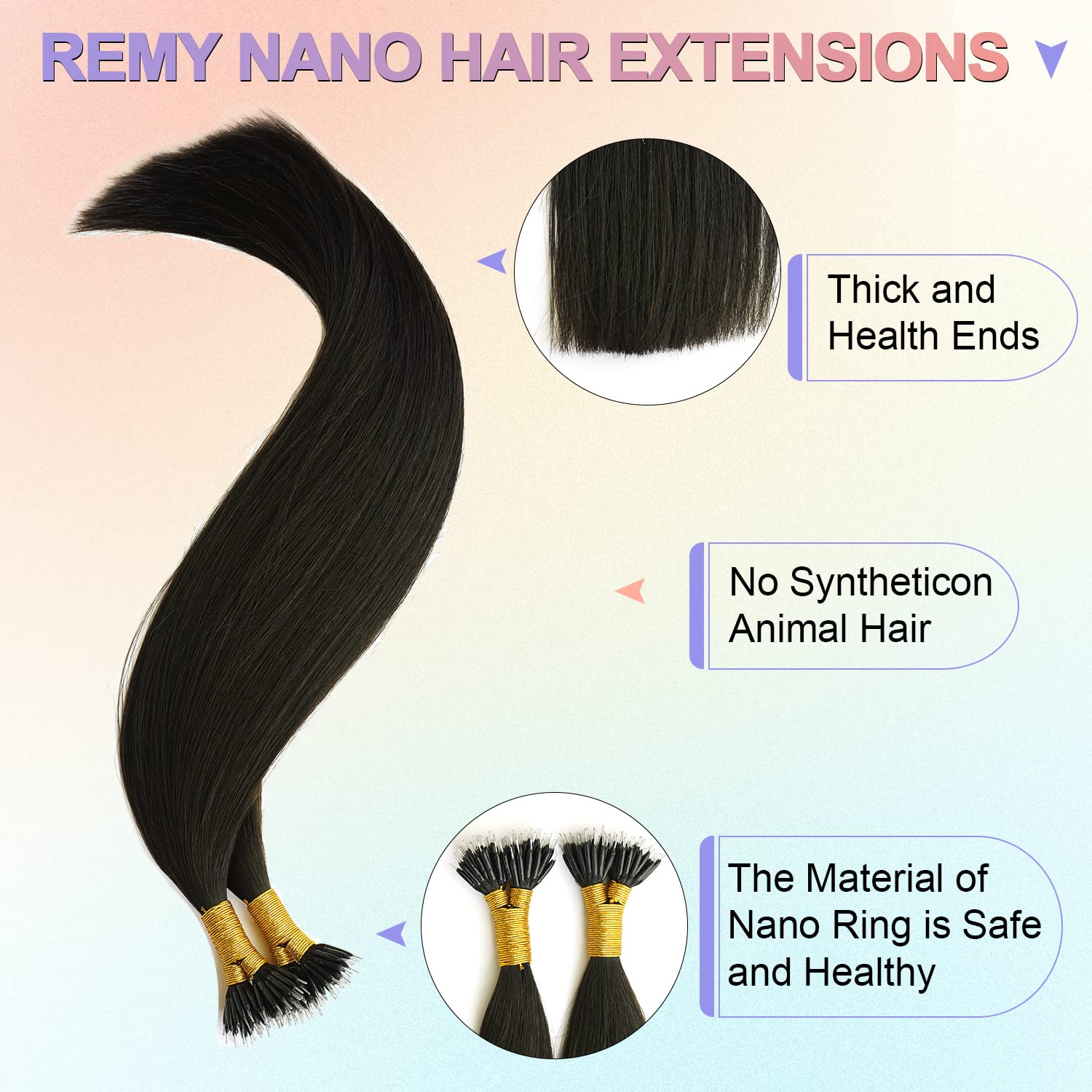 KOCONI 16 Inch Black Nano Rings Hair Extensions Real Human Hair Extensions Double Drawn Nano Ring Hair Extension Nano Tip Beads Human Hair Extensions 50g 1g/Strand #1B Natural Black - Image 3