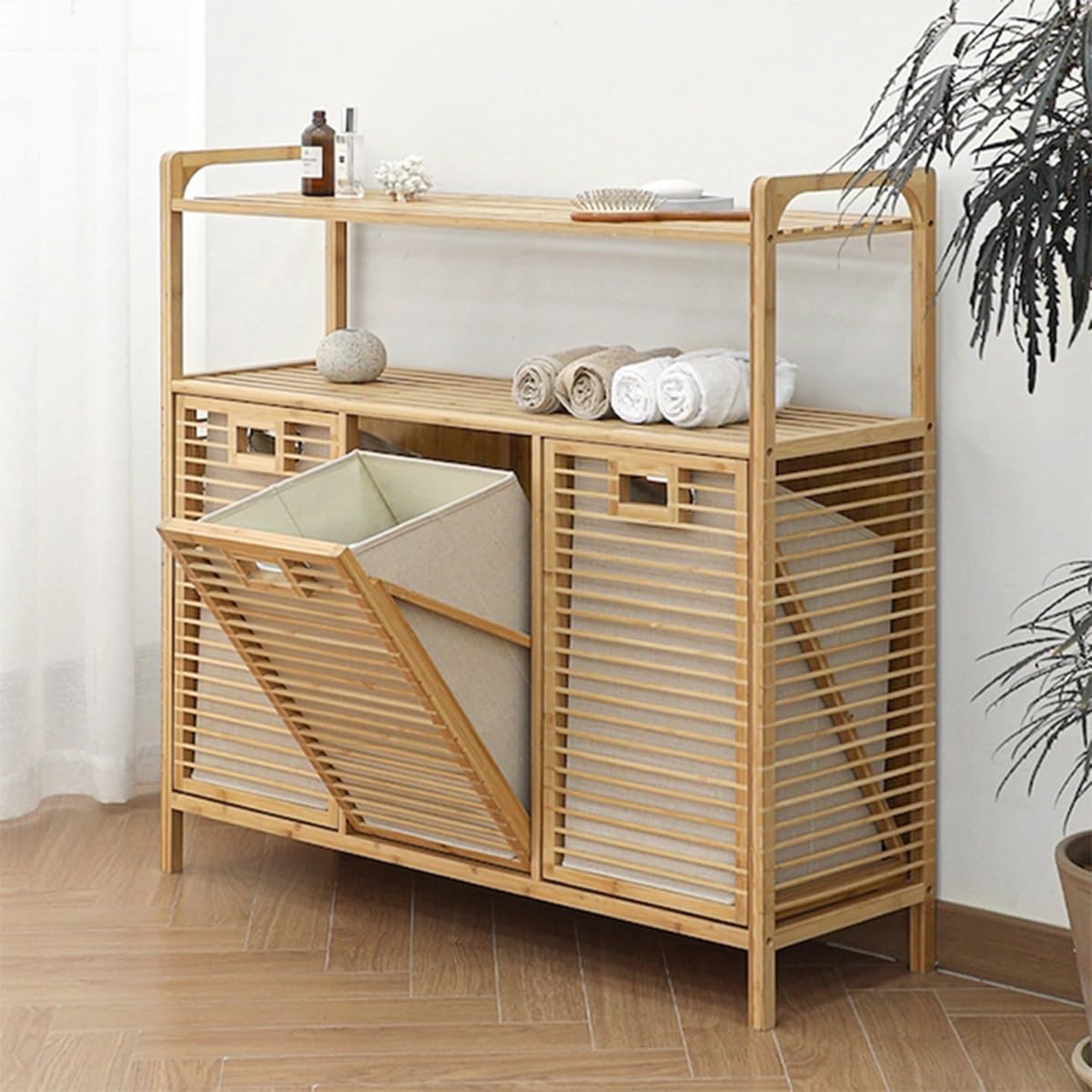Generisch Dieser Wäschekorb mit Regalen, 2-stöckiger Wäschekorbschrank mit ausklappbarem Wäschekorb und herausnehmbaren Wäschekörben für Waschküche, Badezimmer und Schlafzimmer (3-teilig, B)