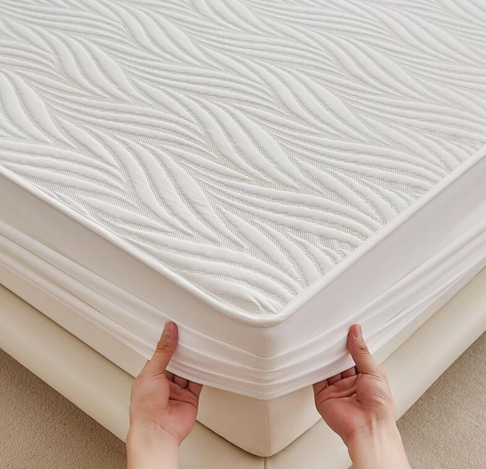 Komplet 3-częściowy zestaw 3 poszewek na gumkę, poliester, bawełna, łóżko pojedyncze, jednokolorowe z wzorem liści, 120 x 200 cm + 2 poszewki na poduszki, białe