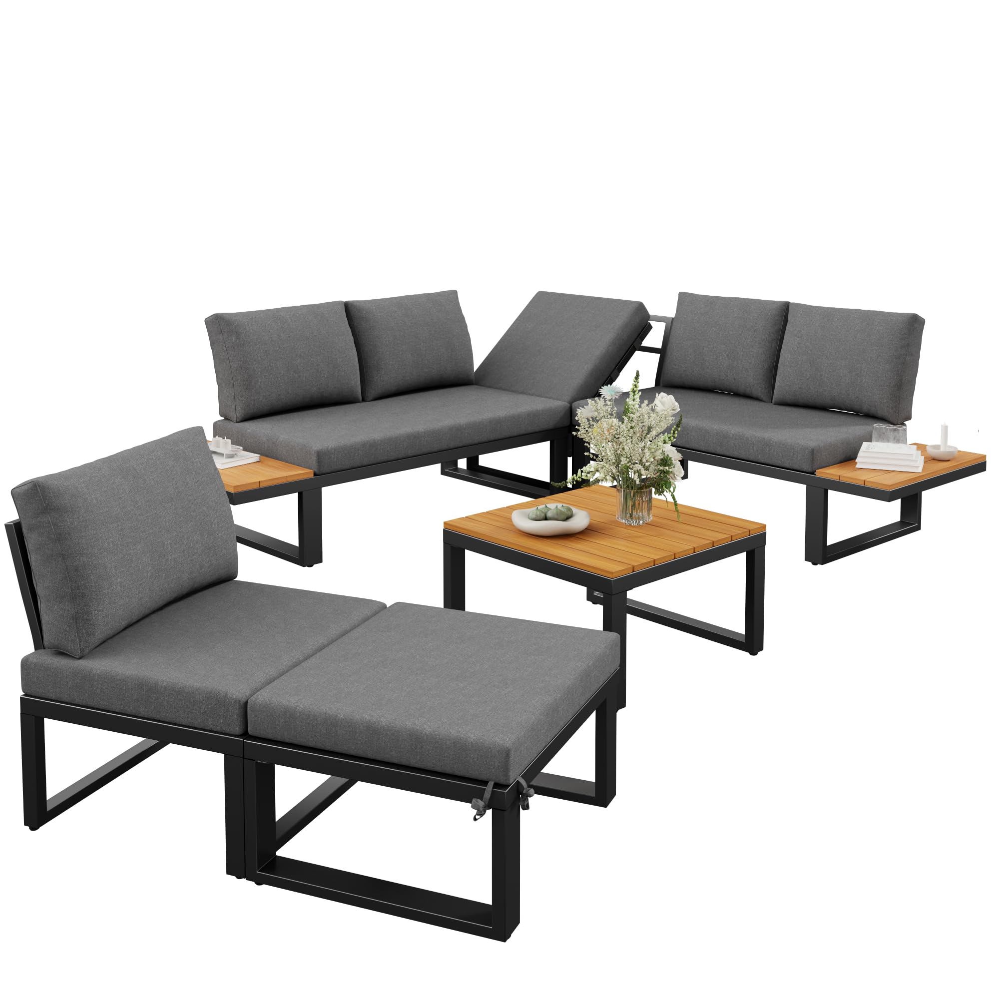 Kebnor Juego de salón de jardín de 6 piezas con respaldo ajustable, sofá esquinero con mesa de café y taburetes, estructura de acero resistente a la intemperie, cojines de asiento en gris/beige, para