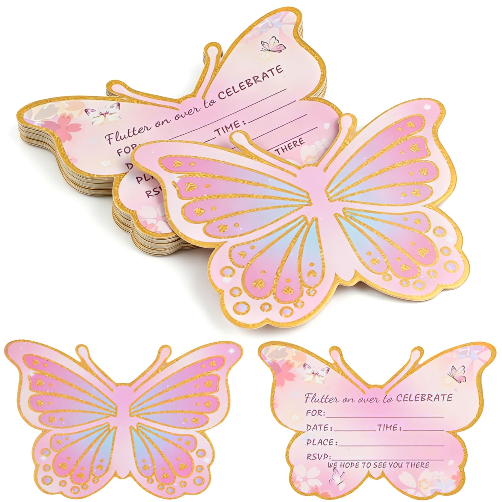 Solvio 30Pcs Butterfly Party Invitations Kids, Pink Birthday Invitations for Girls, Beautiful Butterfly Party Invites for Girls Boys Birthday Baby Shower Celebration, Kids Party Invitations Cards