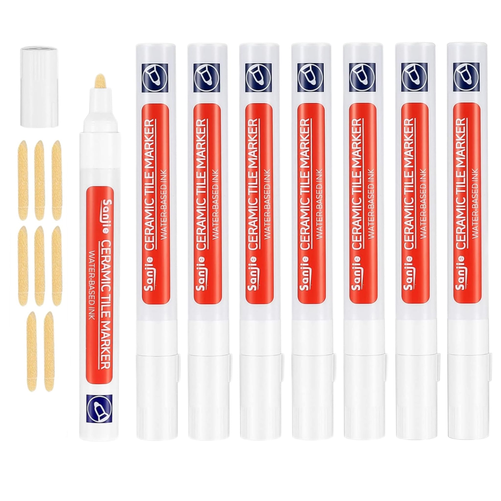 Pennarello per fughe, bianco, 8 pezzi, per piastrelle in bagno, colore bianco per fughe con punta di ricambio, penna di riparazione per piastrelle, pareti, pavimenti, cucine e bagni