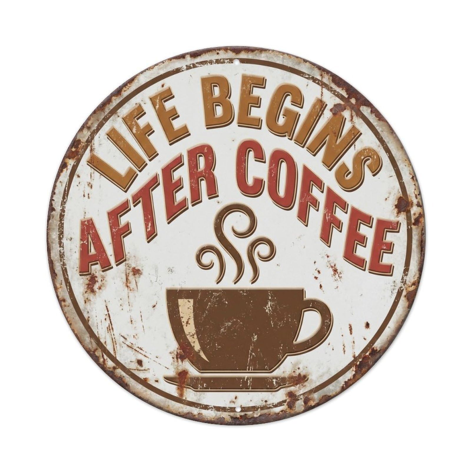 Life Begins after Coffee Vintage Round Wall Decor Retro Slogans 2 Metal Tin Sign Plaque Wall Decor for Cafe, Club Bar, Office, Home Garden Round Metal Poster 8x8Inch