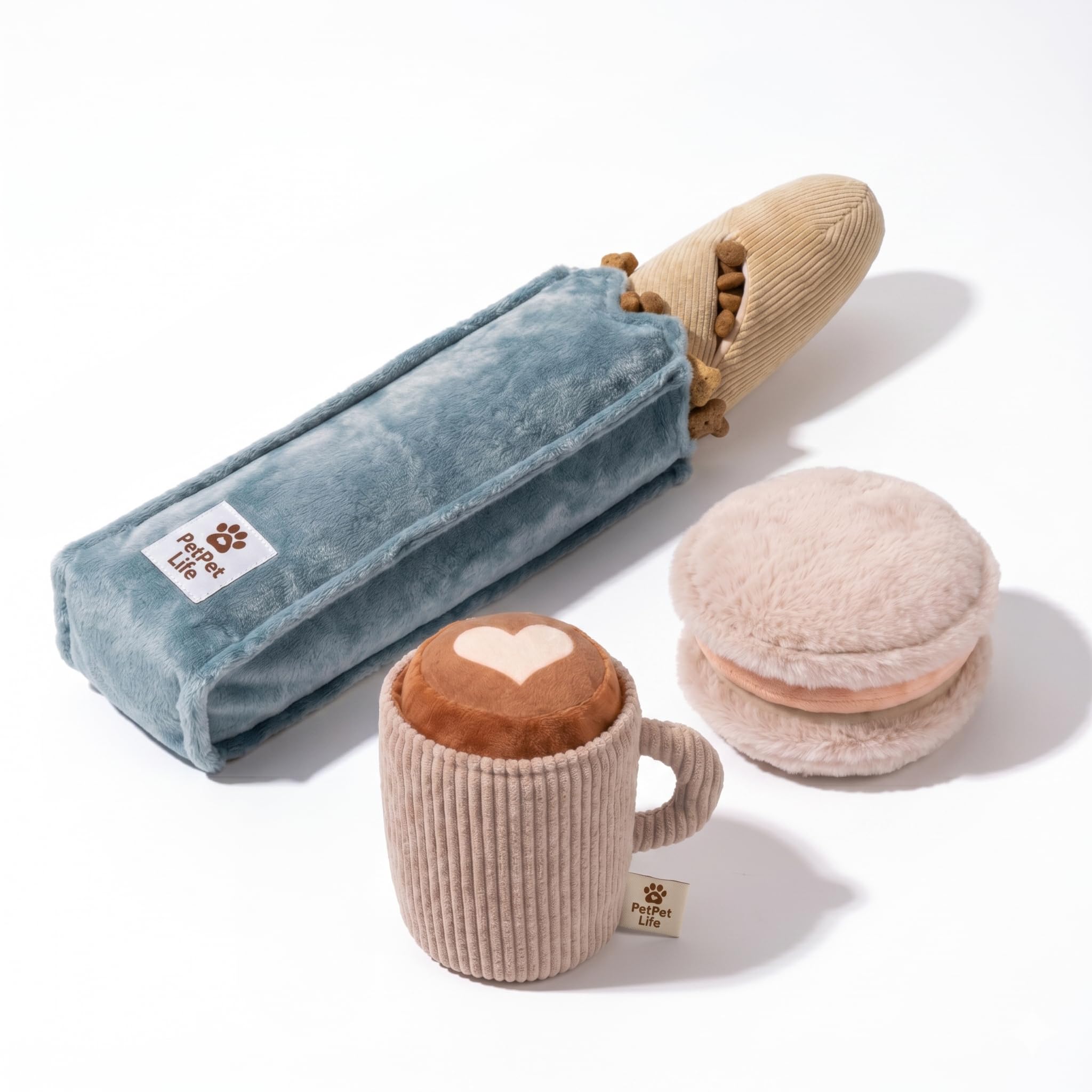4-in-1 Dog Snuffle Toy Bundle – Baguette, Crinkle Treat Bag, Puppuccino & Ice Cream Sandwich Plush | Squeaky Treat Puzzle Enrichment Toys for Boredom & Mental Stimulation | Gift for Puppies & Dogs