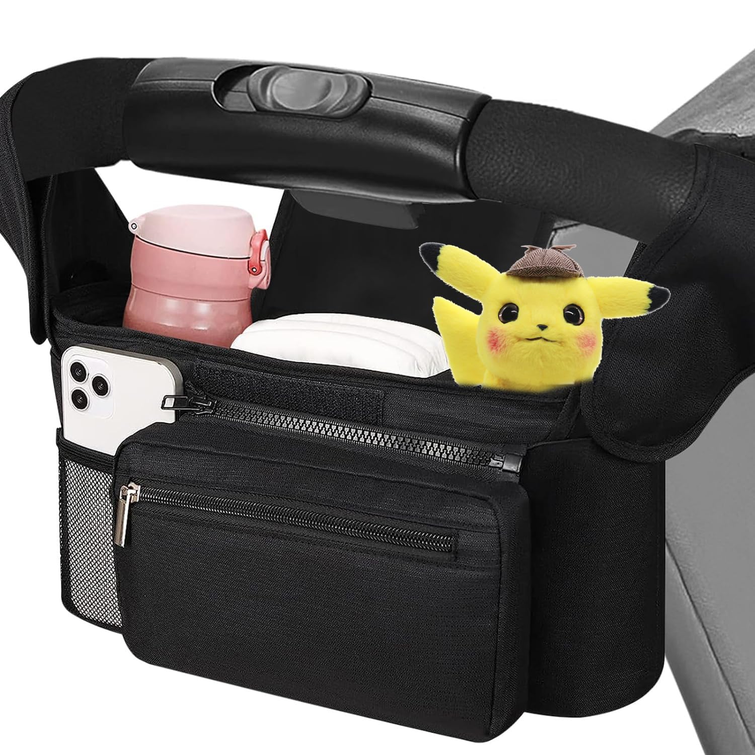 ieron Universal Stroller Organizer, 2 Insulated Cup Holder, Detachable Zippered Pocket, Mobile Phone Pocket