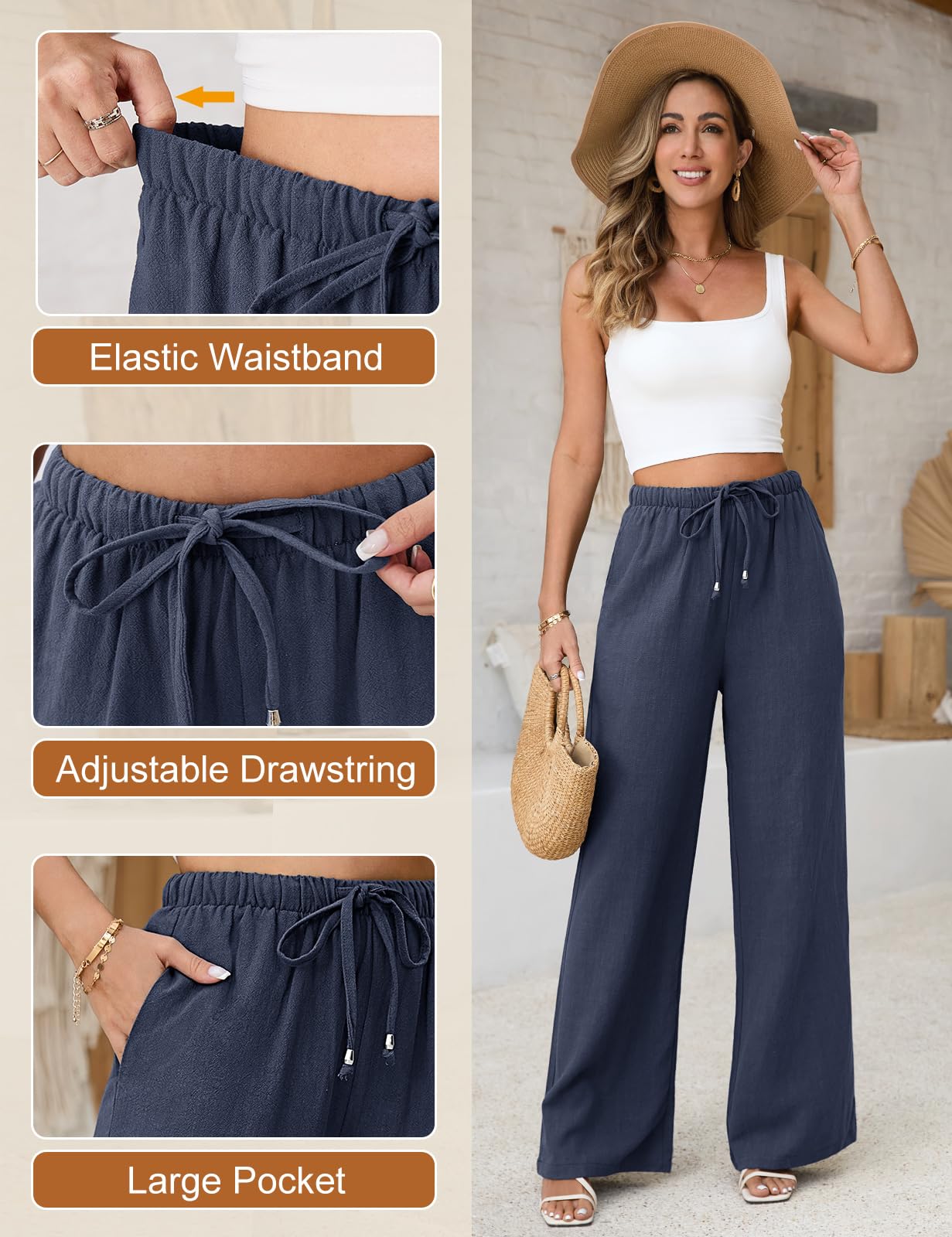 Voqeen Pantaloni Estivi da Donna in Lino Pantaloni Casual in Cotone e Tessuto di Lino Pantaloni Casual Monocromatici Pantaloni da Spiaggia a Vita Alta e Gamba Larga con Tasche