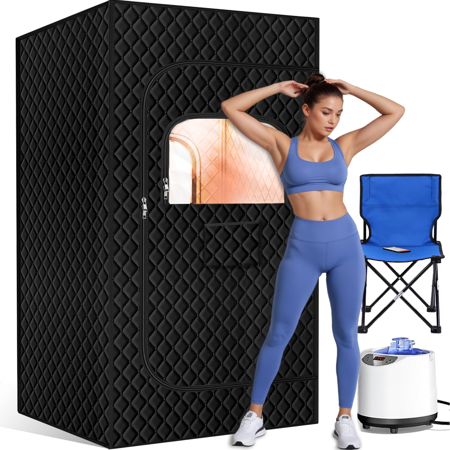 Portable Steam Sauna for Home, Personal Sauna Tent at Home Use, Professional Steamer Kit: 1200W Power + 3L Tank & Carry Chair, 2-Way Control: Tap The Panel or Click The Remote – Heat Your Way