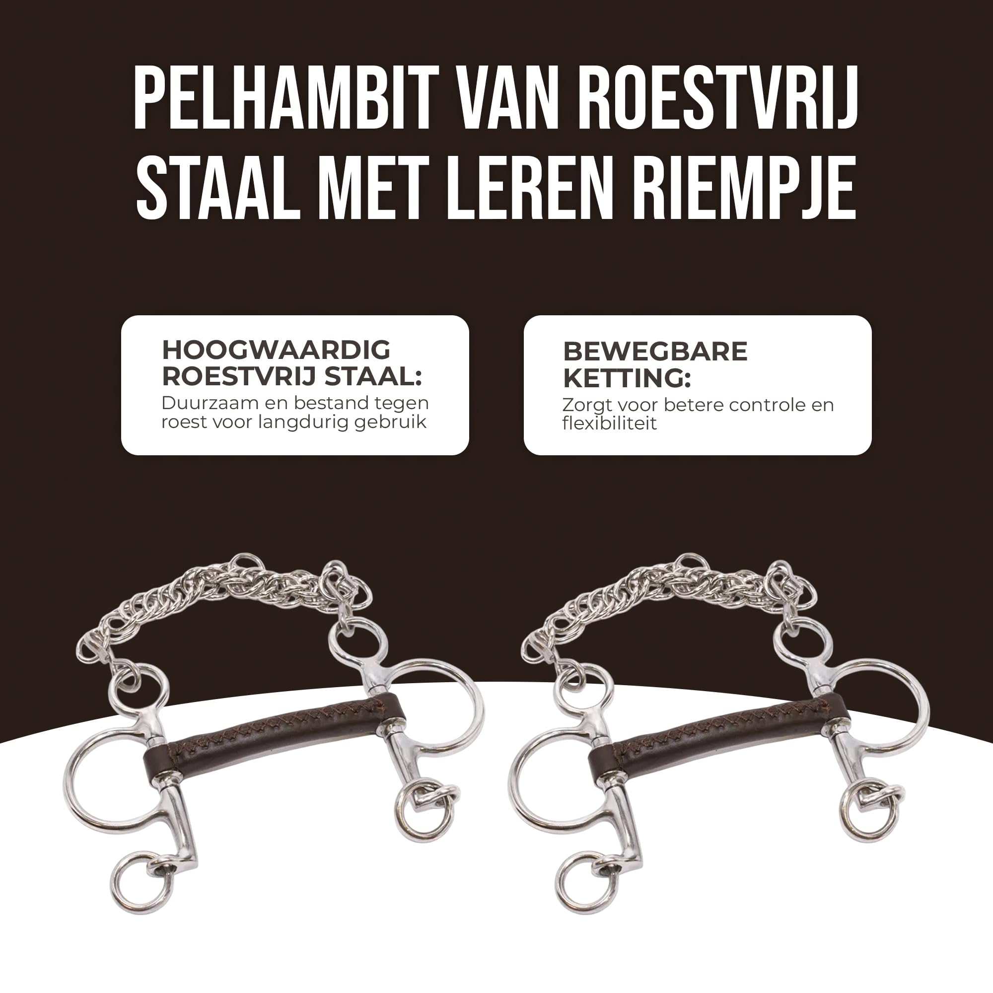 Pelham Gebiss 115 mm - Premium Braun Leder Gebiss für Pferd mit stabilen Metallringen und Kinnkette - Gerades Mundstück für Komfortables Reiten - Reitausrüstung für Reitpferd