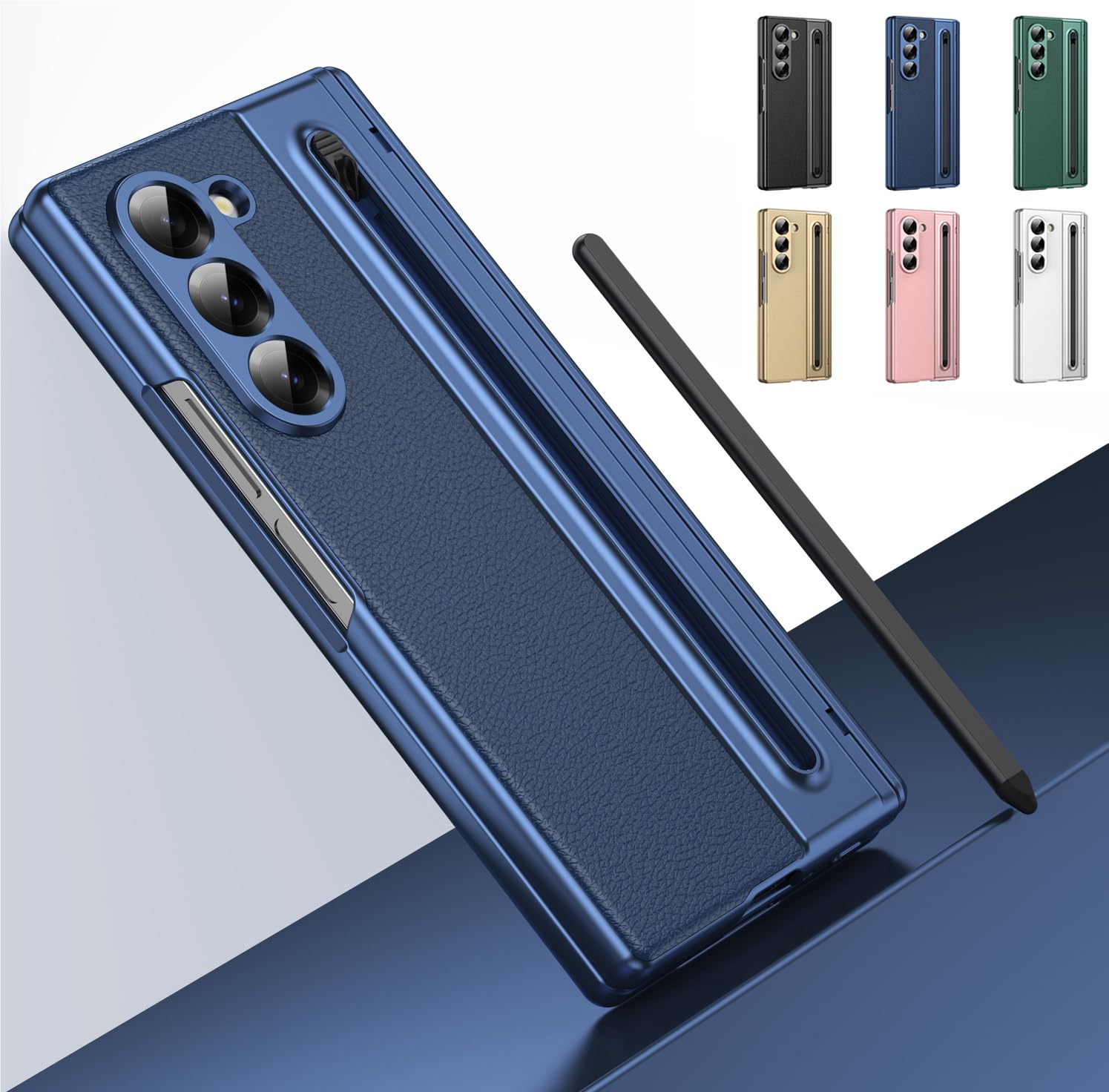 Custodia per Galaxy Z Fold 5 con penna stilo e slot per penna, cover protettiva con cerniera, protezione per lo schermo integrata, custodia in pelle per Samsung Galaxy Z Fold5-Blu