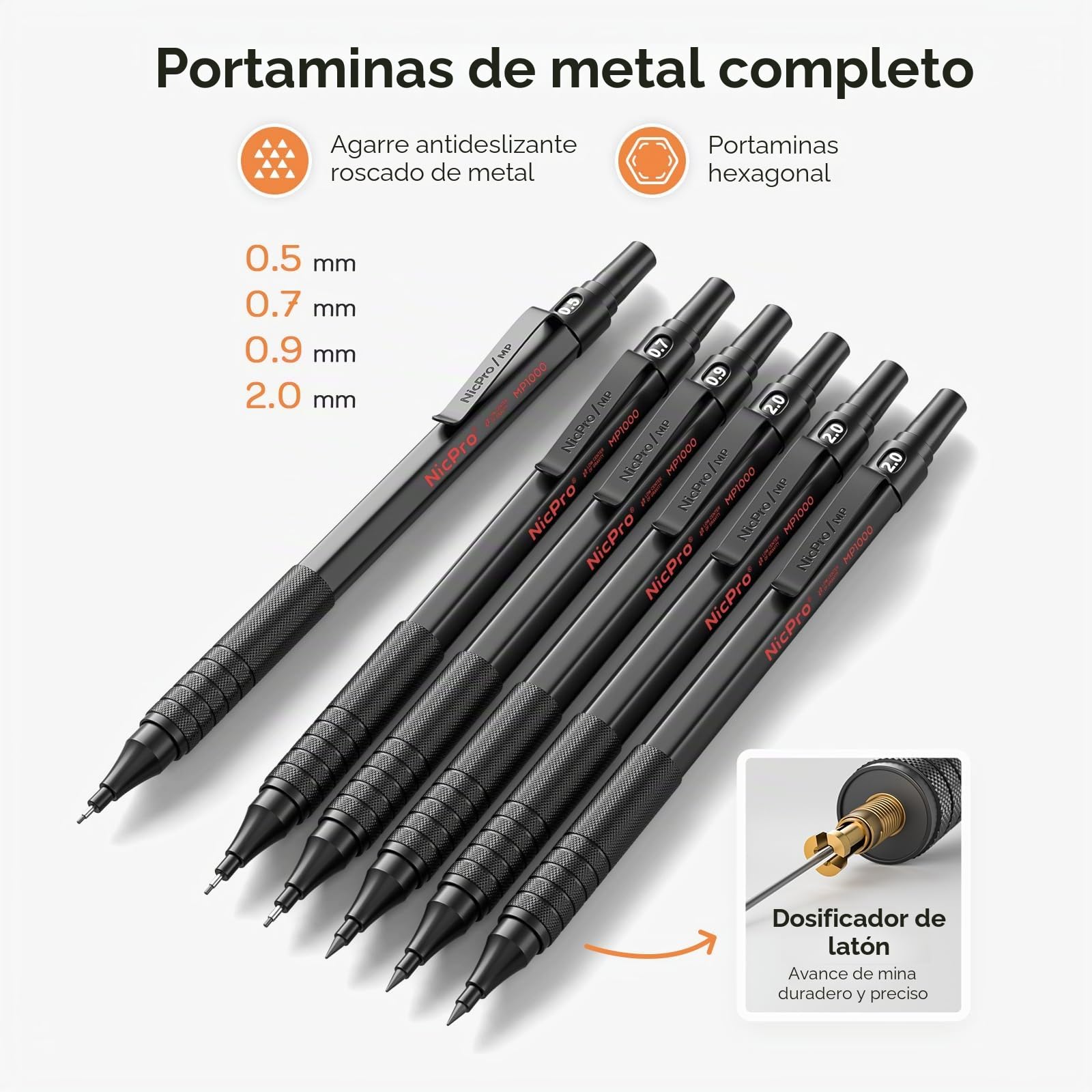 Nicpro 35 Piezas Portaminas Metal en Estuche, Profesionales Lápiz Dibujo Artístico 0.5, 0.7, 0.9 y 2mm Lápices Mecánicos con 20 tubos Recargas (HB 2H 2B 4H 4B 6B 6B Colors) para Dibujar Bosquejo-Negro