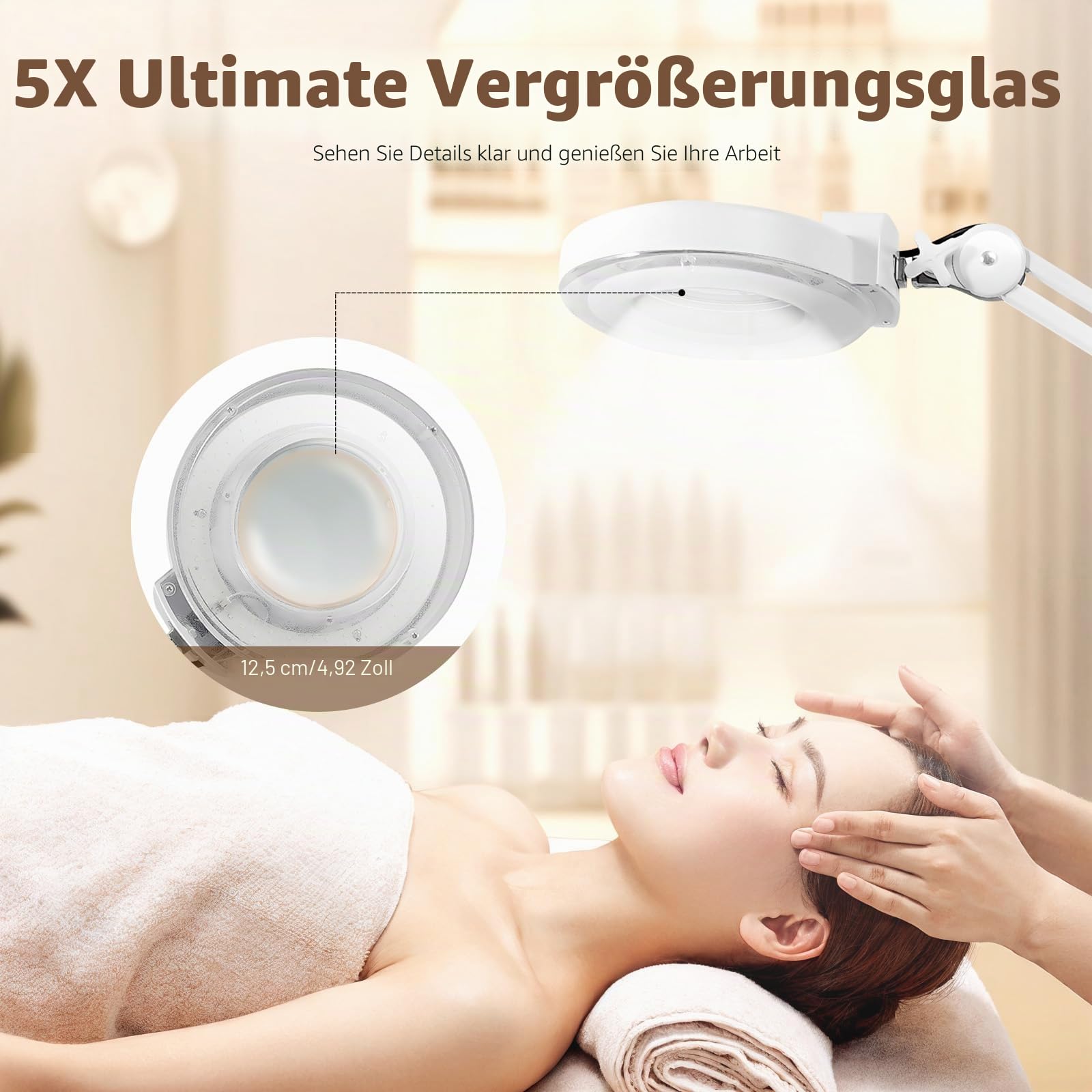 5X LED Lupenleuchte 125MM Lupenlampe mit Standfuß, 5 Dioptrien Lupe mit Licht Standlupe Arbeitsleuchte Kosmetiklampe mit Rollstativ Weiß Lampe Beauty Salon (5X)