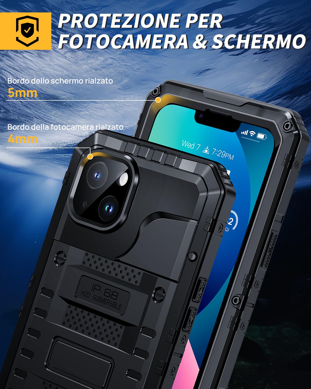 Lanhiem Cover per iPhone 13 IP68 Impermeabile, Metallo 360°Completa Waterproof Case con Protezione Schermo, Militare Antiurto Armor, Subacquea Antipolvere Custodia per iPhone 13, Nero
