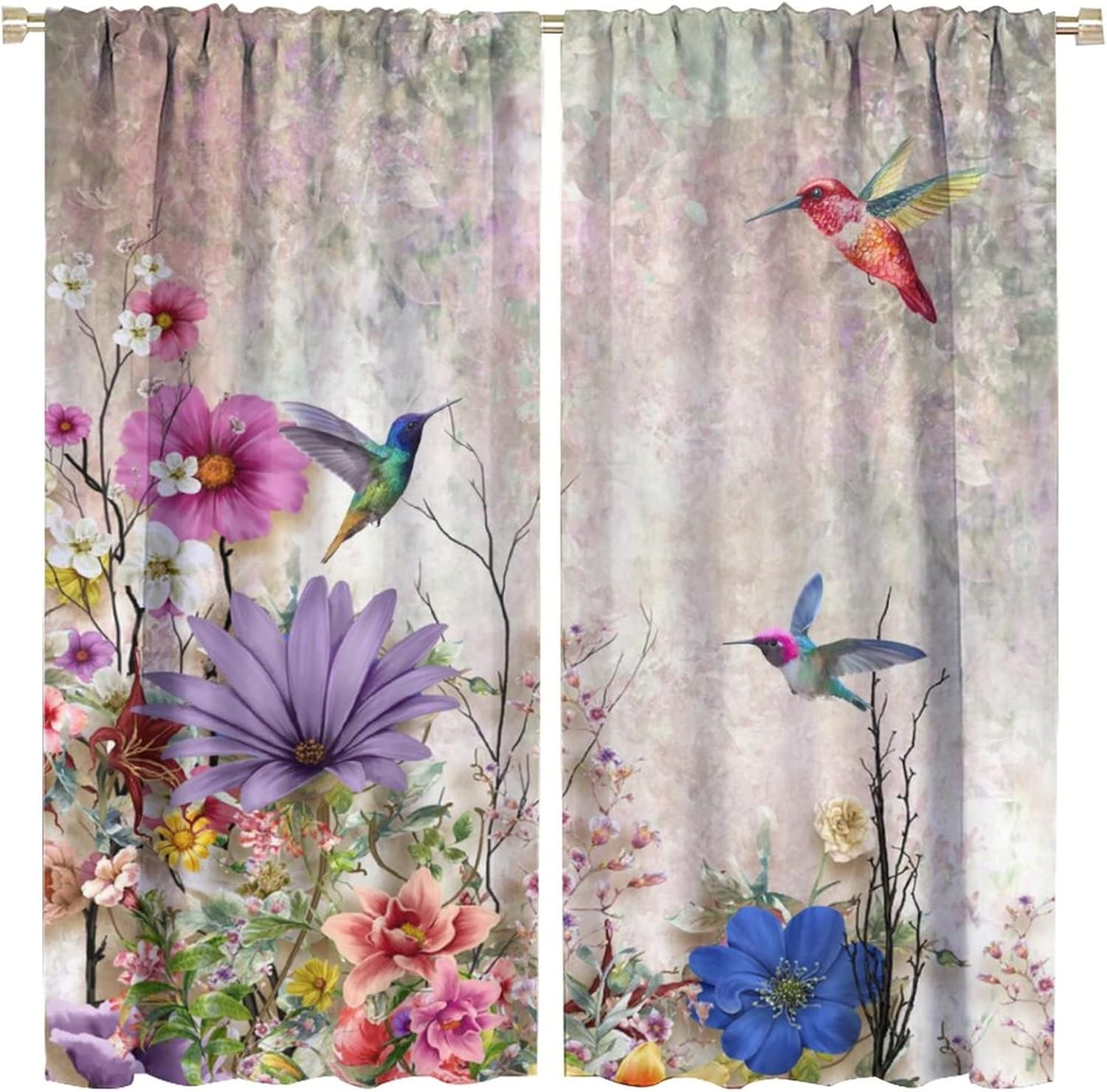 Flower Hummingbird Rod Pocket Blackout Curtains for Living Room,Room Darkening Cute Watercolor Spring Garden Colorful Floral Plant Window Drapes,2 Panels 45L x 21W