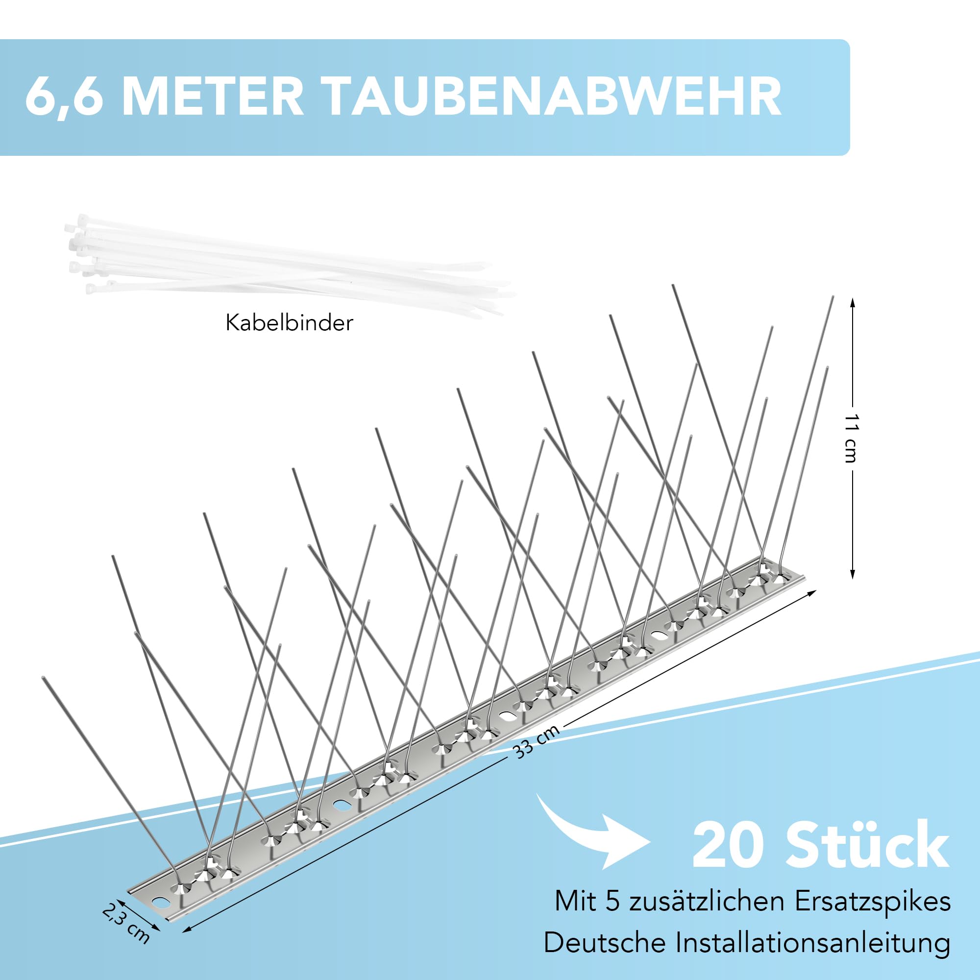 Taubenabwehr Spikes (6,6m/20-teilig) für Dach, Balkon, Fenster - Effektiver Edelstahl Vogelschreck mit robusten und verstellbaren Spikes - Vogelabwehr Spikes gegen Kotplätze und nistende Vögel