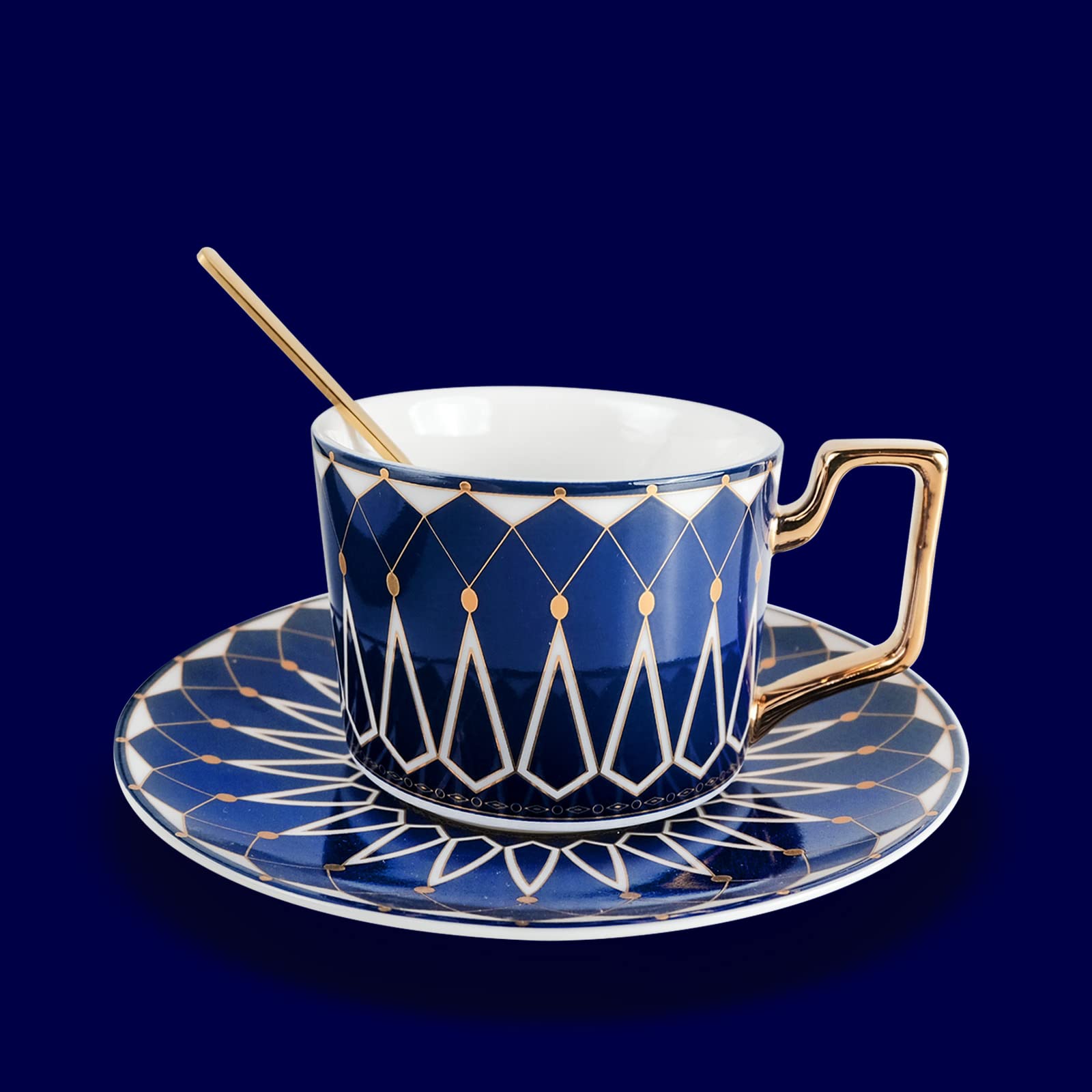 POTTIIS Tea Coffee Cups - 7.4oz Bone China Ceramic, Beautiful Matte Glazed Tea Cup with Saucer and Spoon - BLUE