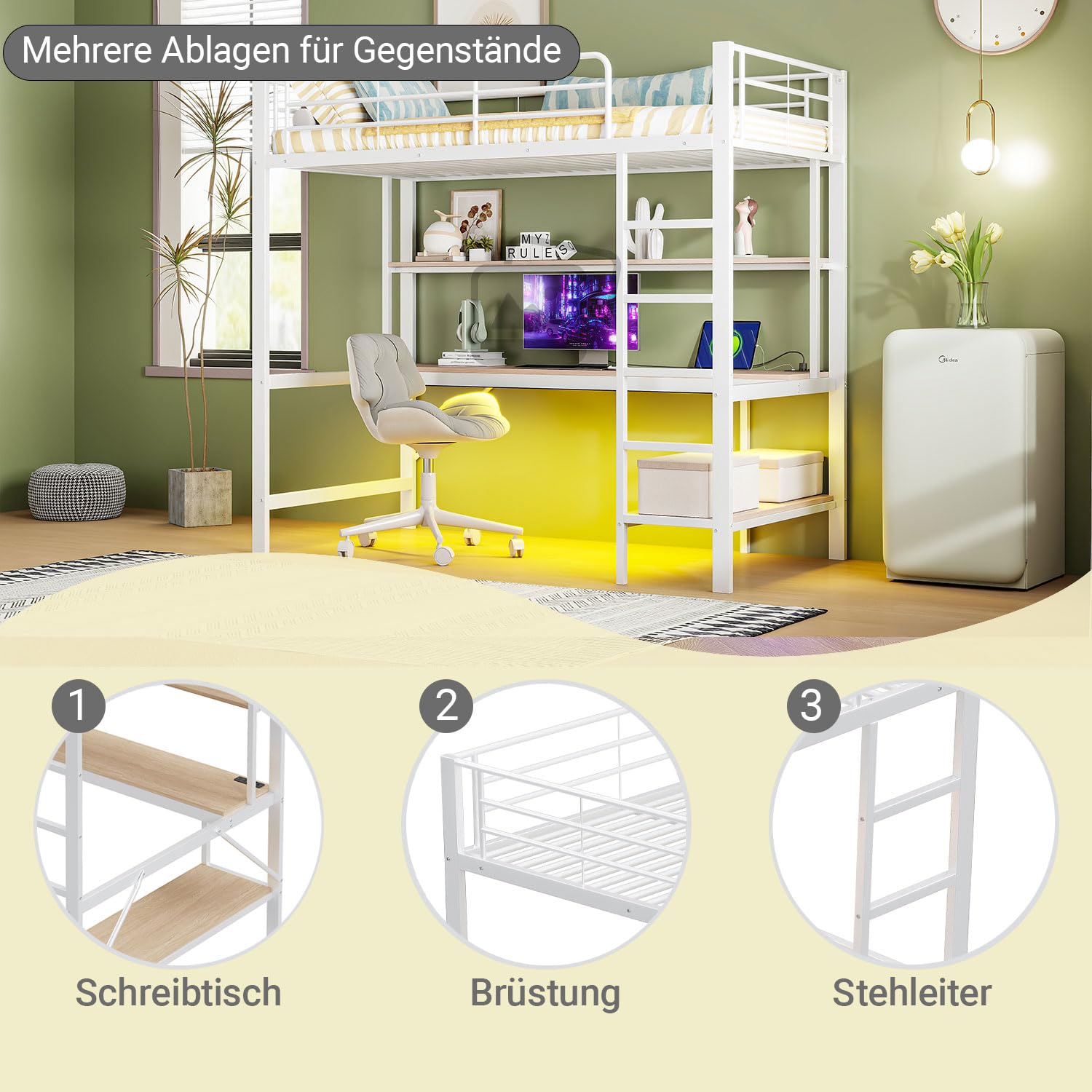Zepneiy Lit Mezzanine 1 Place avec LED et USB, lit Mezzanine avec Bureau et Plusieurs étagères,Lit Superposé Enfant 90x200 avec échelle et Balustrade, Blanc (sans Matelas)