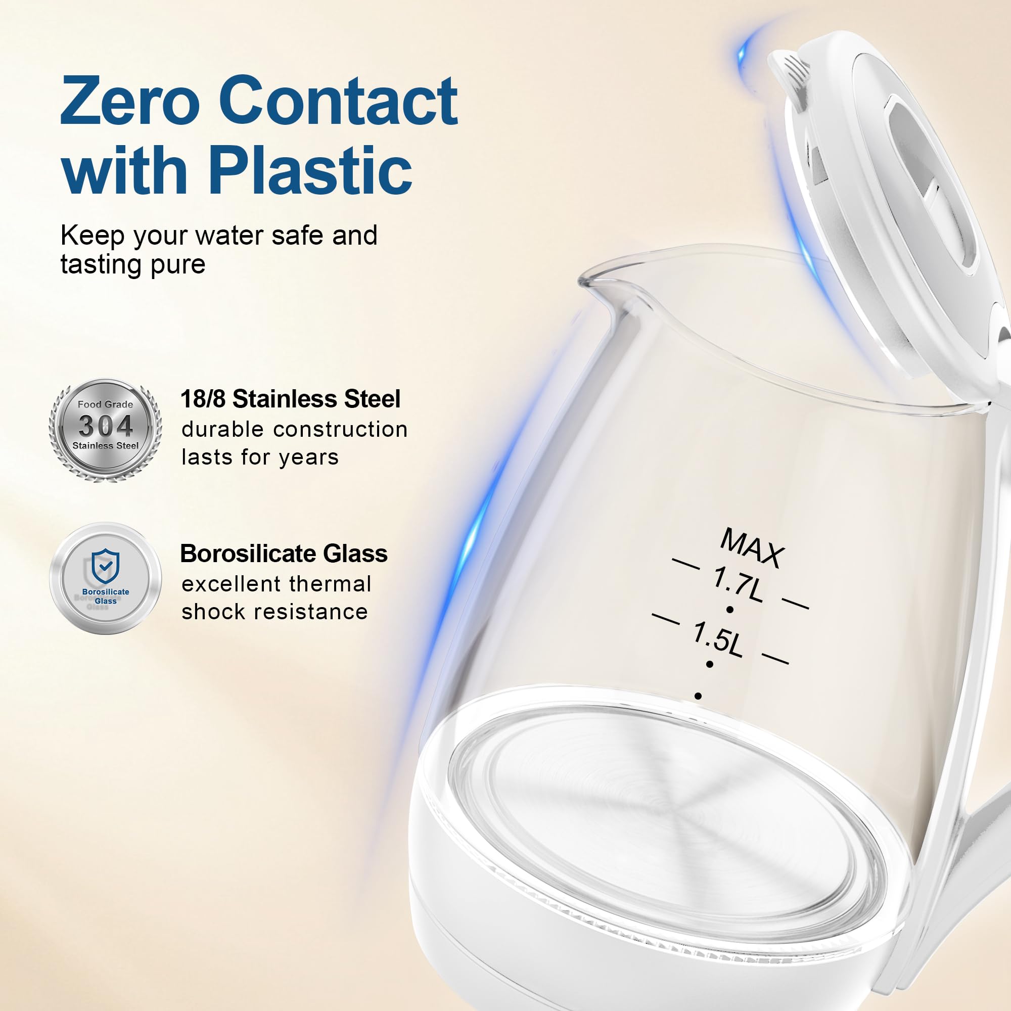 Electric Kettle, 1.7L 1200W, Hot Water Boiler, Auto Shut Off, Boil-Dry Protection, BPA Free, Borosilicate Glass Electric Tea Kettle