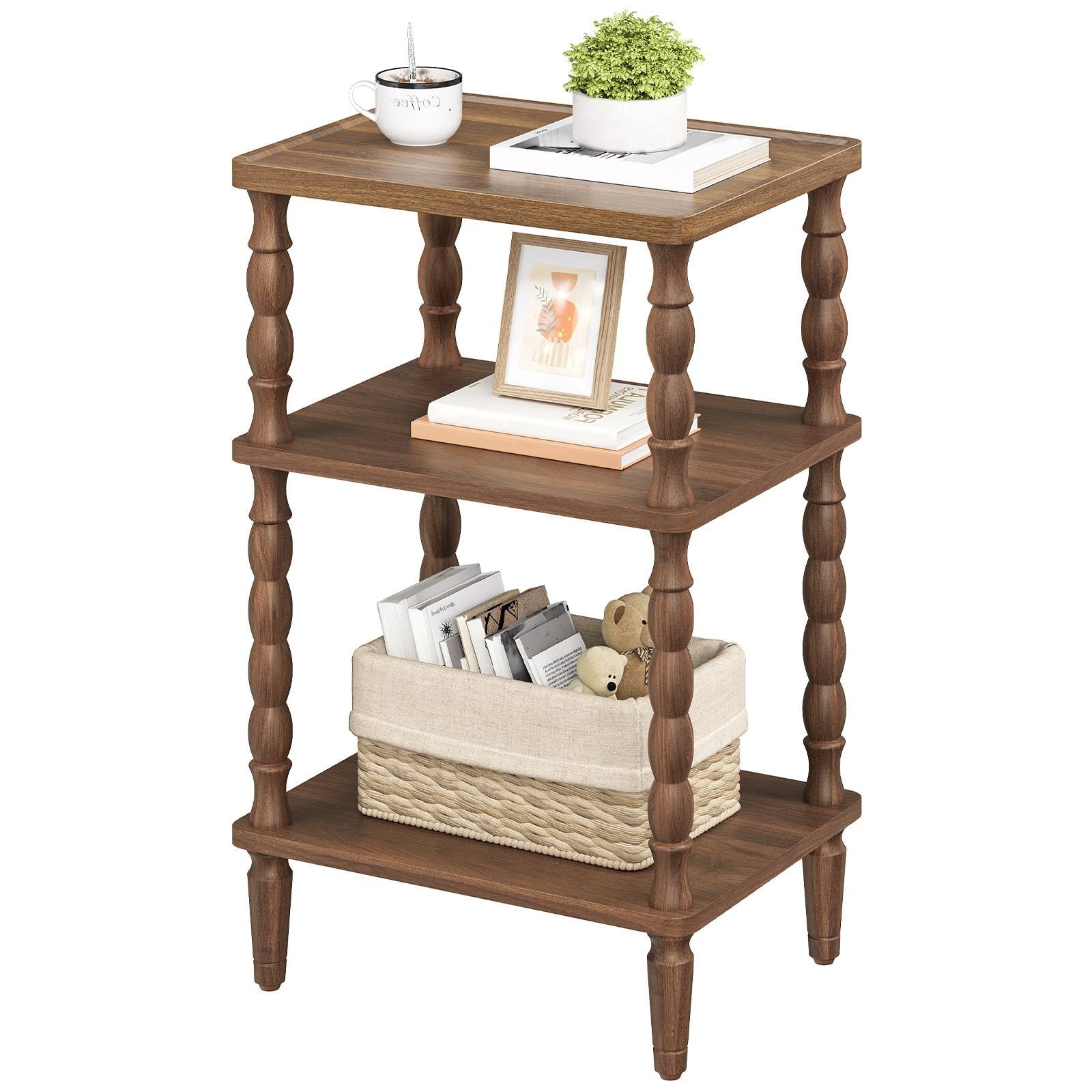 HOOBRO Side Table, 3-Tier Small Table with Solid Wood Legs, Retro Bedside Table Sofa Table with Open Shelf, Nightstand, Accent Table for Small Space, Living Room, Bedroom, Walnut EWL225BZ01