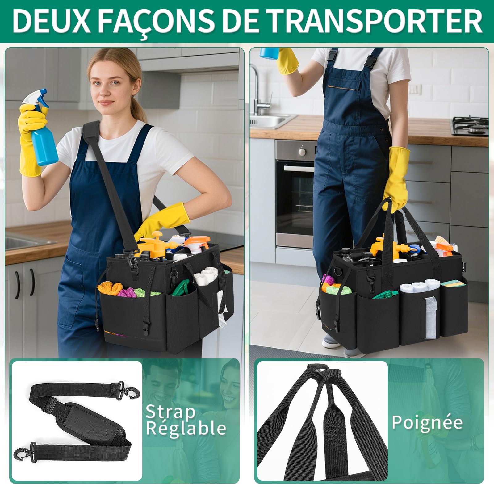 Sac de Nettoyage Portable, Sac Fourre-Tout de Nettoyage avec Poignée et Bretelle, Organiseur de Fournitures de Nettoyage avec Coussin Rigide et 4 Séparateurs pour Femme de Menage, Nettoyeur