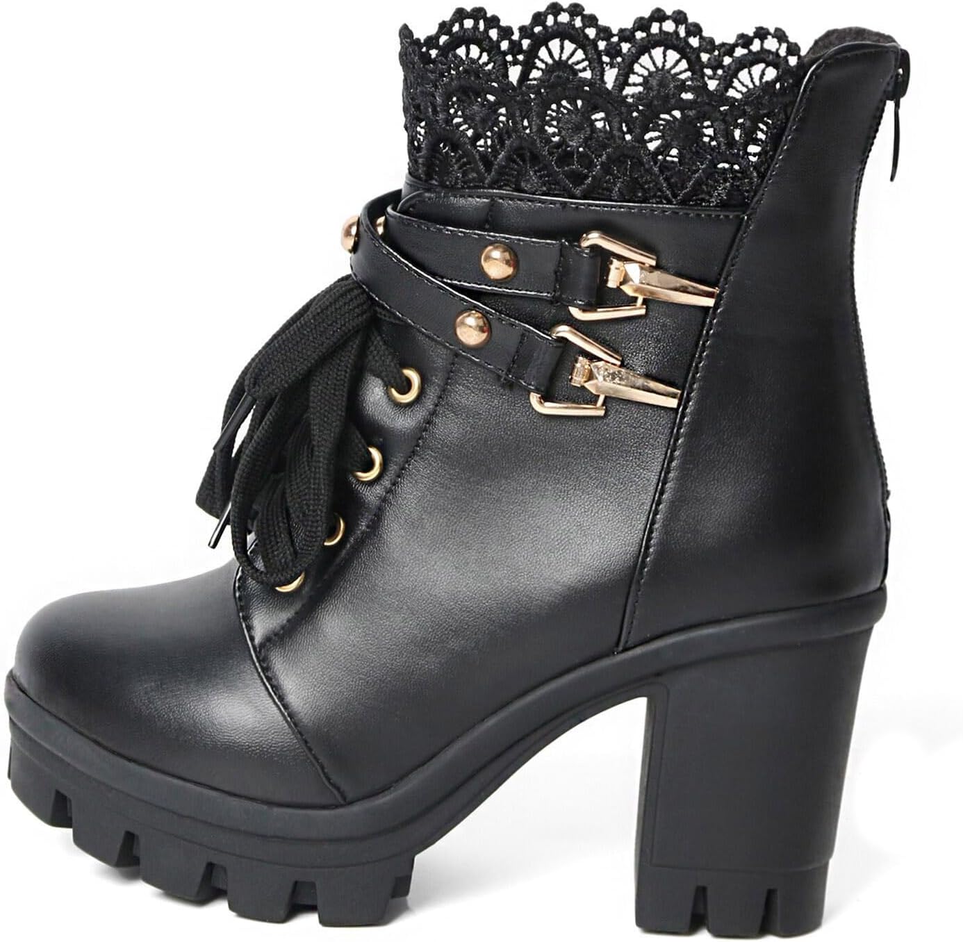 Goth Boots Chunky Heel Boot For Women Ankle Combat Booties Black Platform Bootie Buckle Rivets Punk Goth Shoes With Zipper - Image 7