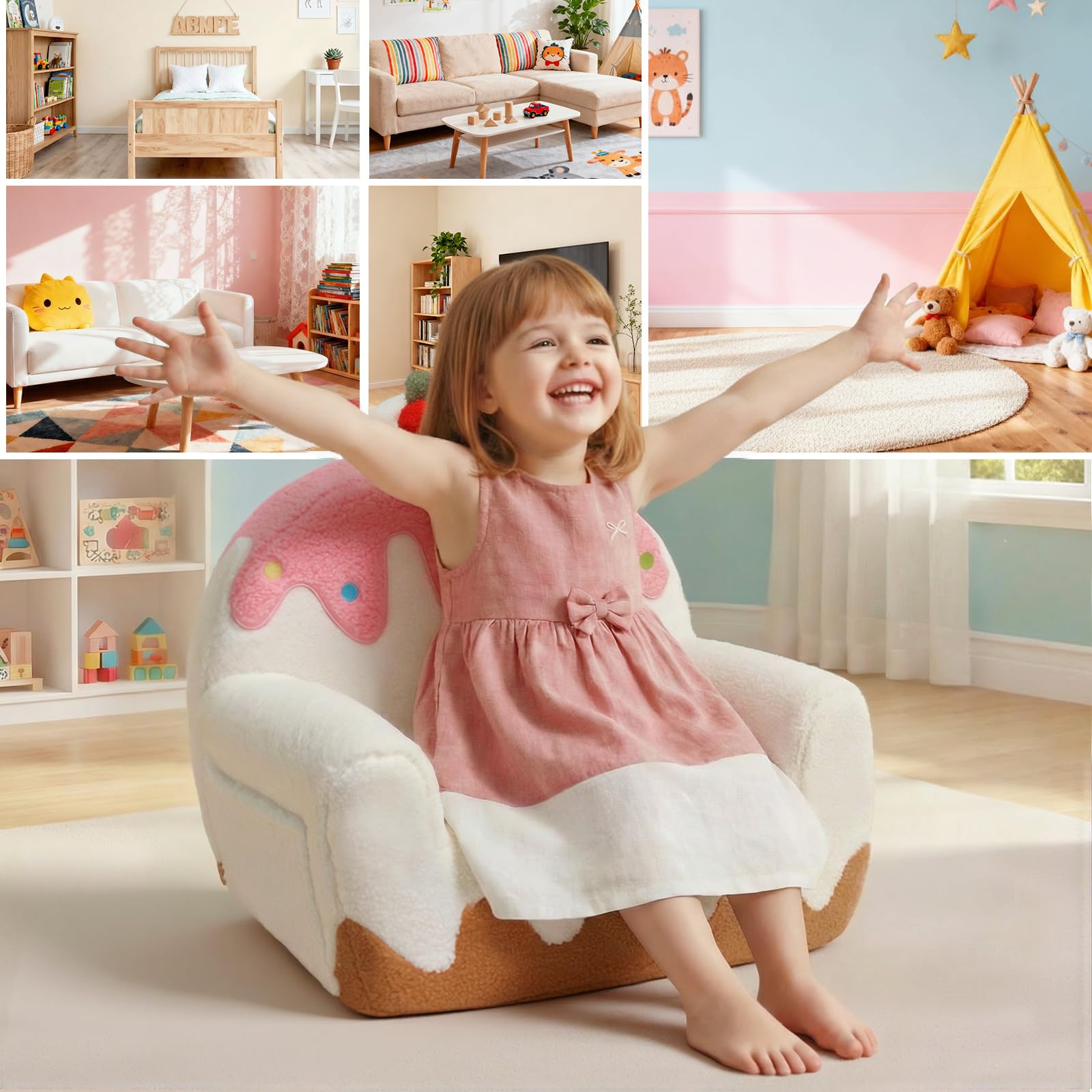 OUOZZZ Fauteuil bébé 1-3 Ans, canapé Enfant chauffeuse en Sherpa Doux, Mini Sofa pour Chambre Fille ou garçon, Design Glace Blanc crème | Sherpa doux, poche latérale et poignée de transport, siège en mousse, salle de jeux ou chambre à coucher