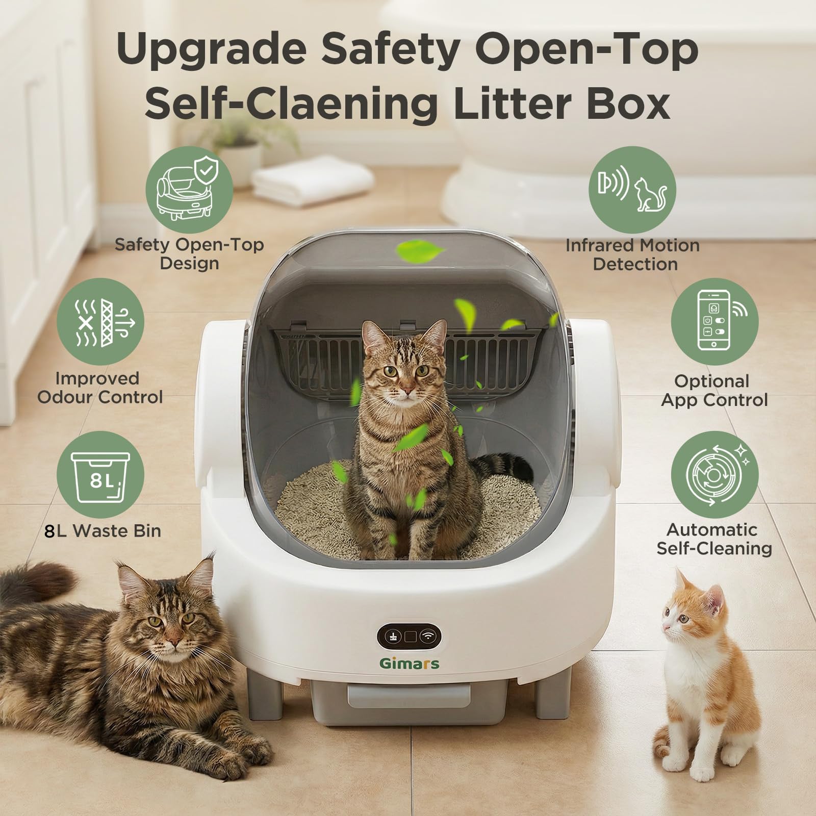 Gimars Open Top Design Self Cleaning Litter Box, Automatic Cat Litter Box for Multiple Cats & Senior Cats, App Control with Safety Sensors, Low Odor, Includes Trash Bags & Litter Mat - image 6